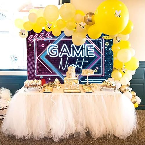 Miniatura 7 de MAQTT Fondo de fotografía de lámpara de neón para noche de juegos, decoración de mesa de pastel, decoración de mesa, telón de fondo para fotos, 5 x