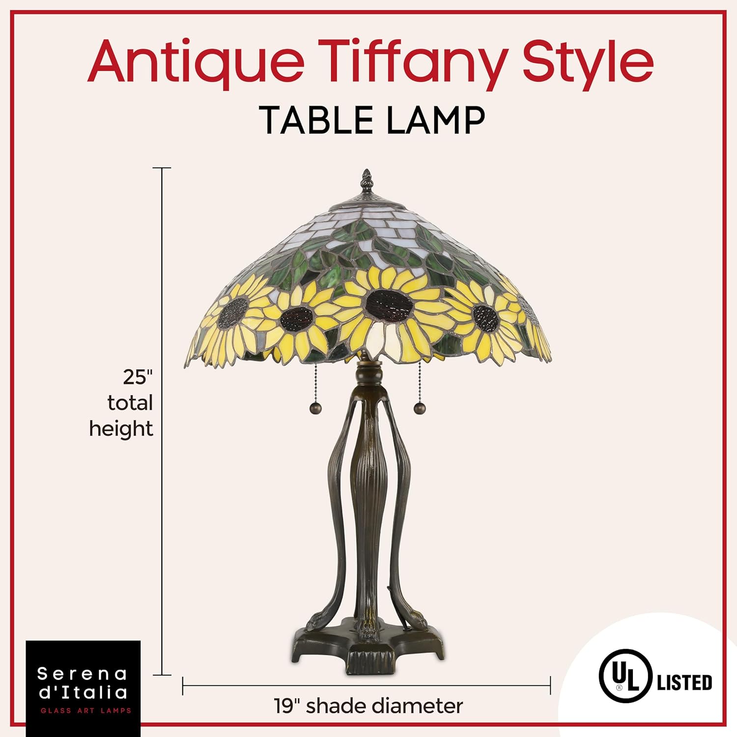 Serena D'italia Tiffany Table Lamp - Sunflower Antique Desk Nightstand - Yellow Glass Nightstand Lamp - 25-inch Tall Stained Glass Lamp