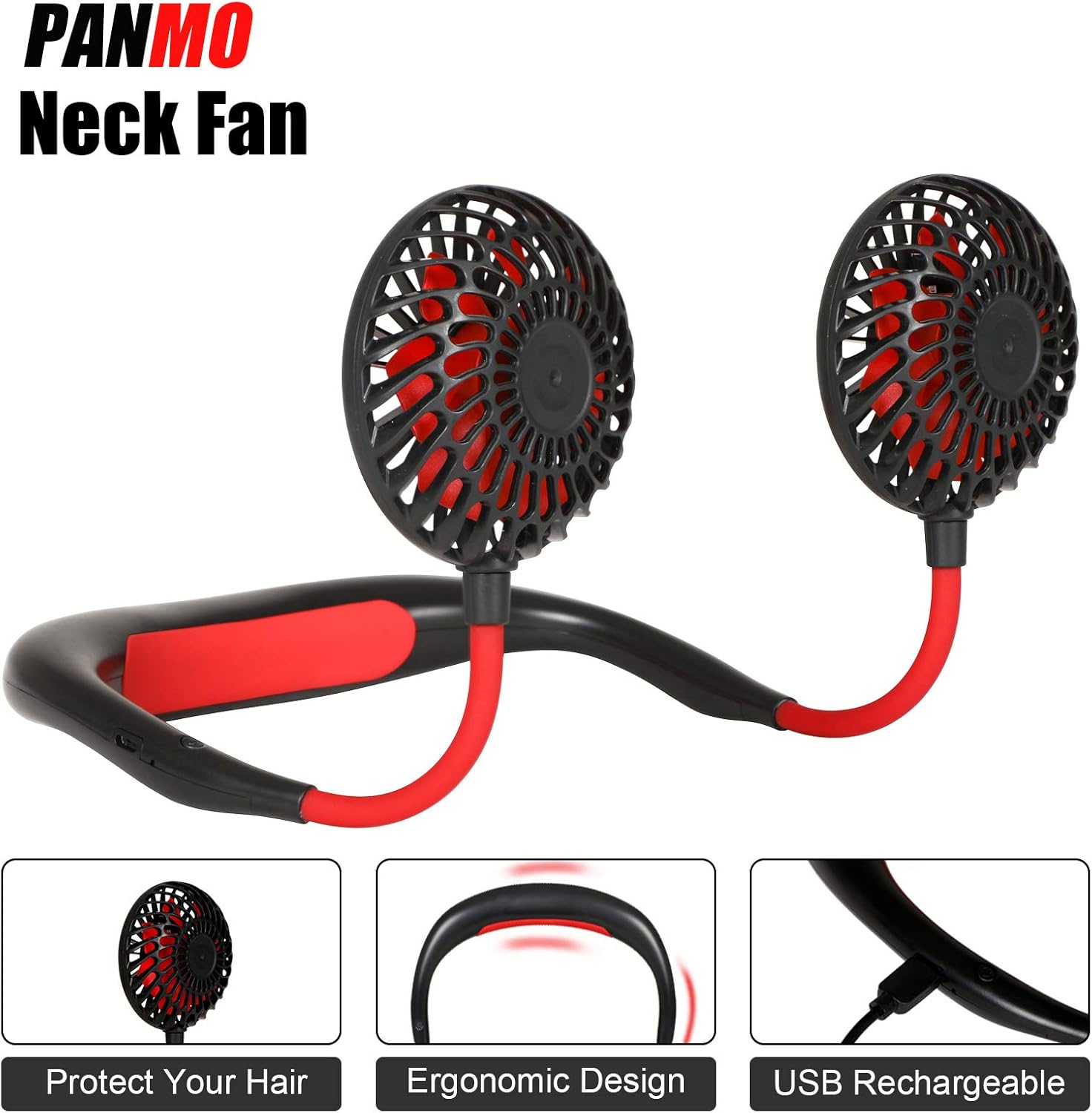 PANMO Portable Neck Fan, Personal Small Fans with 4 Speeds, Colorful LED Lights, Aromatherapy, 2000mAh USB Rechargeable 360° Adjustment Silent Cool Fans for Sports, Travel, Outdoor(Black) : Home & Kitchen