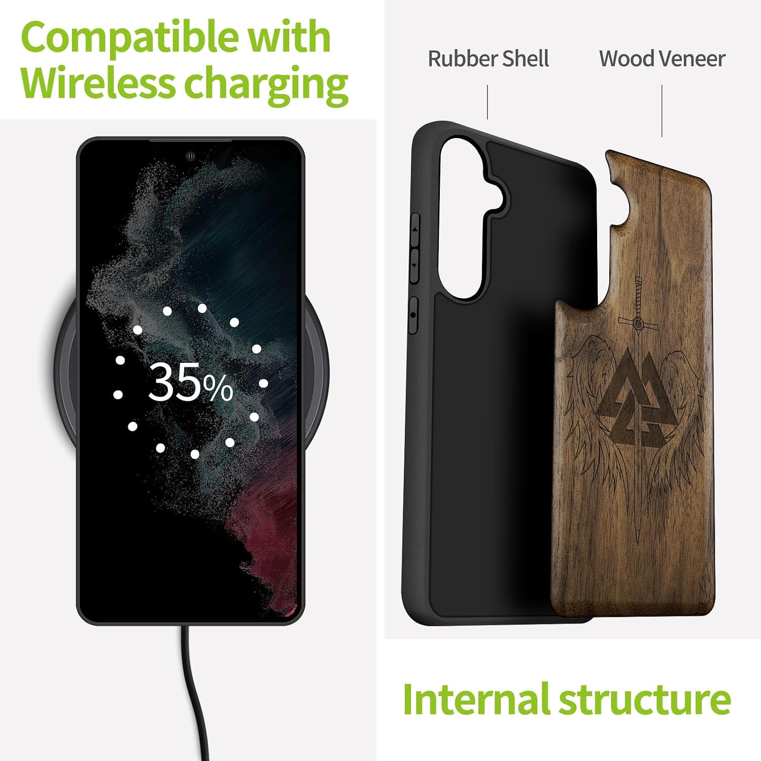 Carveit Wood Case for Galaxy S24 Plus Case [Natural Wood & Black Soft TPU] Shockproof Protective Cover Unique Wooden Design Compatible with S24 Plus (Valknut and Sword-Walnut)
