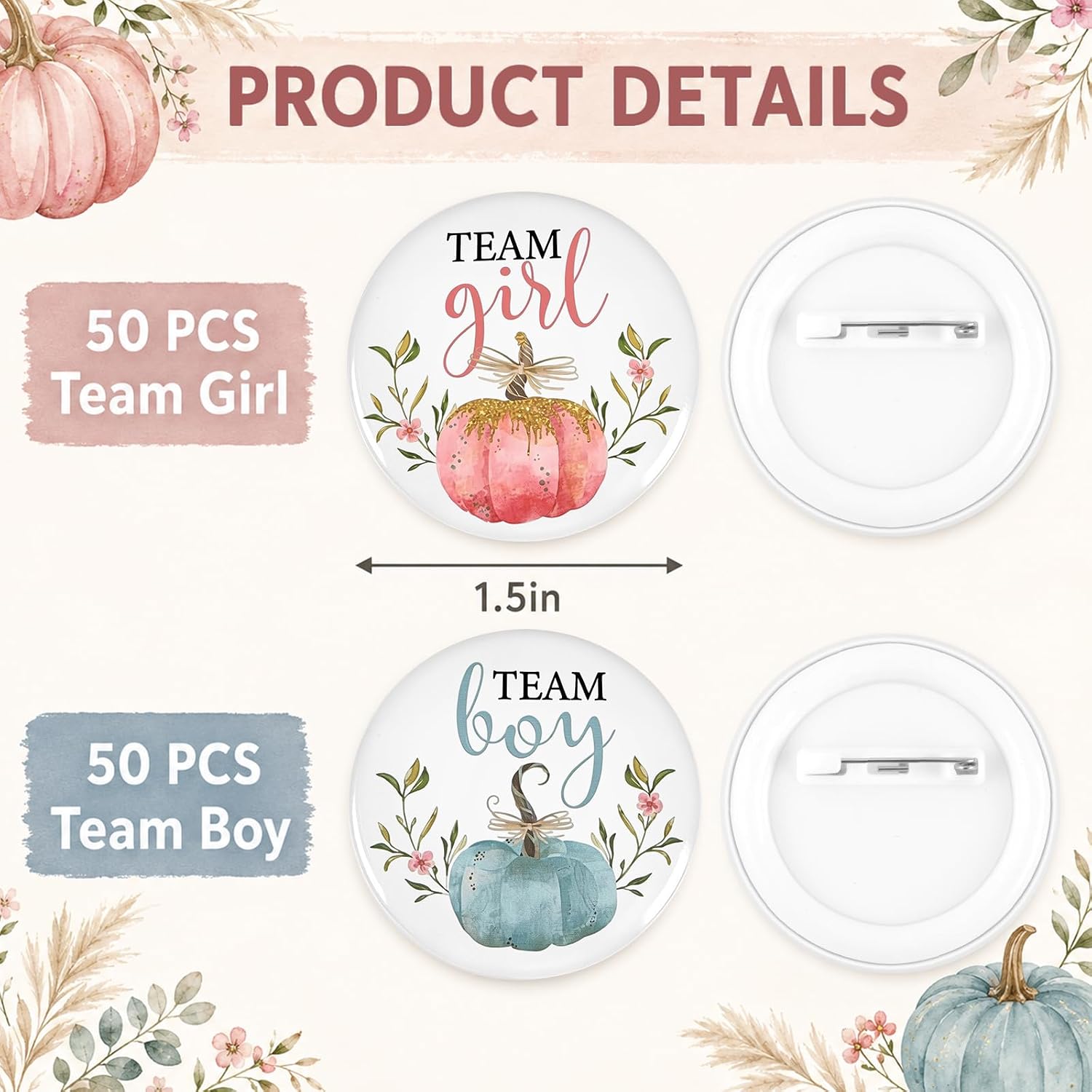 100 Pcs Pumpkin Gender Reveal Pins Fall Baby Shower Decorations