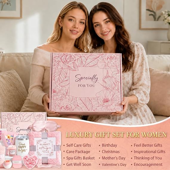 Gifts for Women, Birthday Gift for Women Self Care Get Well Gifts with Flannel Blanket, Rose Relaxing Spa Gift Valentines Mothers Day Gift for Her Mom Wife Girlfriend Sister Best Friend