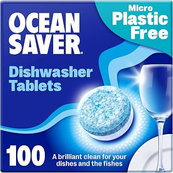 OceanSaver Eco-Friendly Dishwasher Tablets - Pack of 100 | Non-Toxic & Plastic-Free Dish Washing Tablets for Sustainable Cleaning | All in One Plant-Based Dishwasher Salt & Rinse Aid for Tough Stains