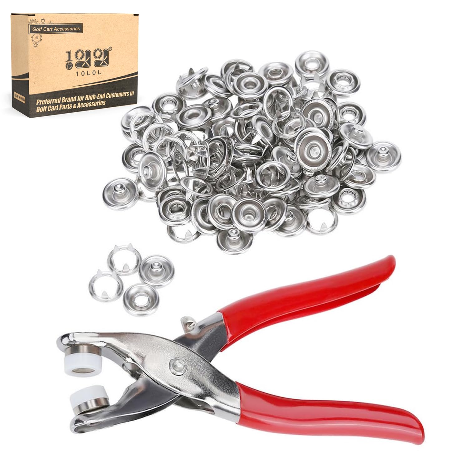 10L0L Metal Stainless Steel Snaps Buttons Kit, No-Sew Button Fasteners Studs with Fabric, 3/8 Inch Fastener Pliers (Snaps Pliers and 100 Pieces of Buttons)