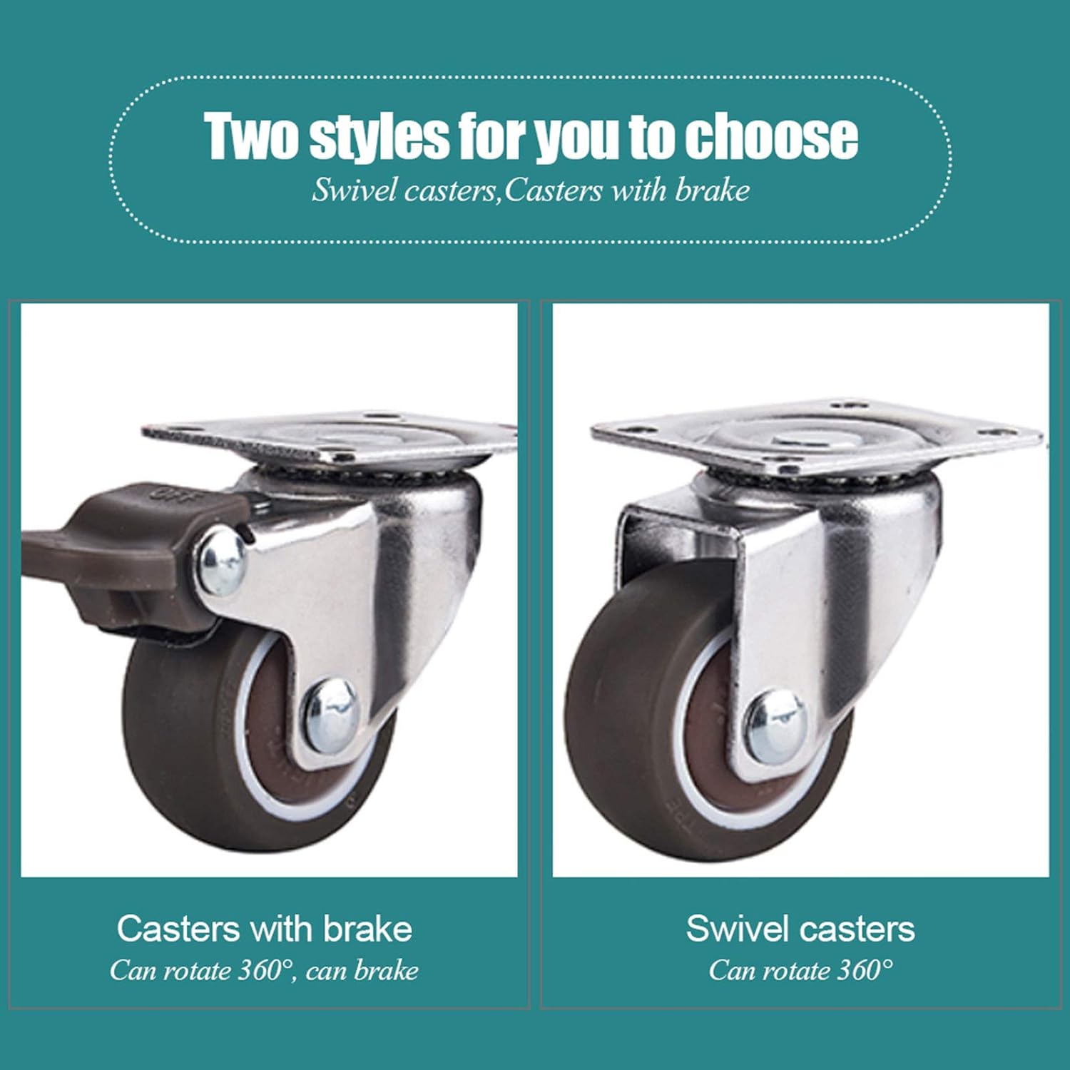 Jolan Furniture Casters with Brakes,360° Rotation,Rubber Flat Wheels,Rust-Proof,Swivel Casters,Waterproof,Small Transport Casters.,4 Brakes,50mm