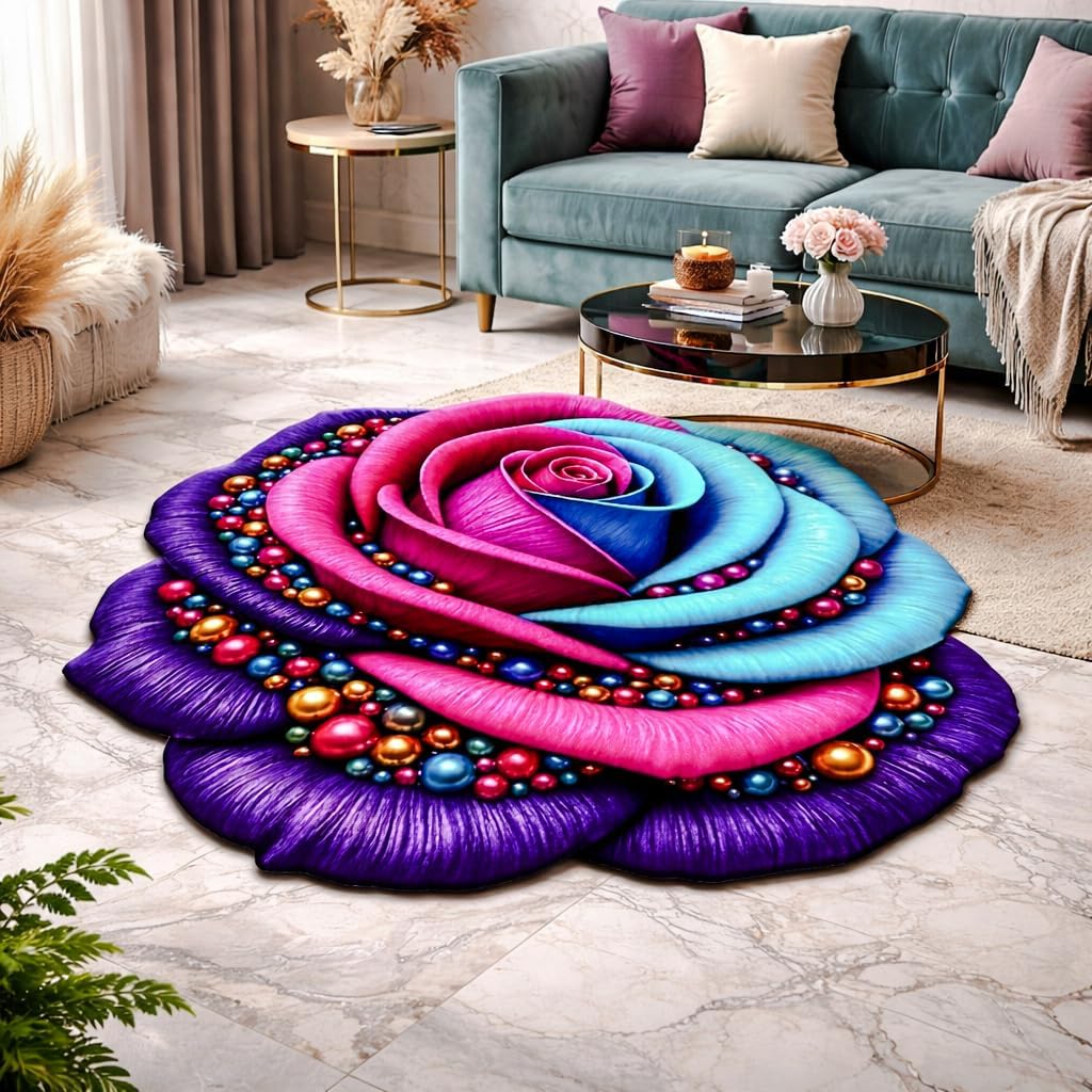Soulful Creations Rose Flower Shaped Rug Mat, Multicolour, Velvet, Anti-Skid Floor Mat for Bedroom, Living Room, Balcony, Soft Plush Carpet, Modern Floral Design Size 25" X 25". (Blue)