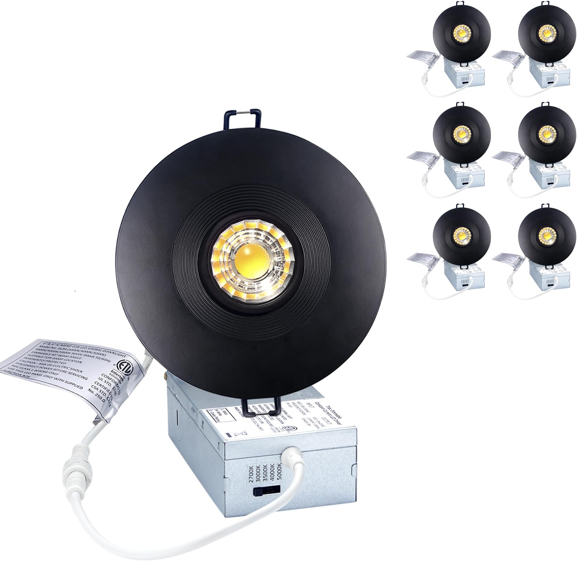 POPANU Premium Canless Recessed Gimbal Downlight Rotatable-Spotlight 5 CCT 4 Inch Eyeball Ceilling Potlight, Dimmable Lights Fixture with Junction Box, 8W Black Round Trim, with Baffle, 6P