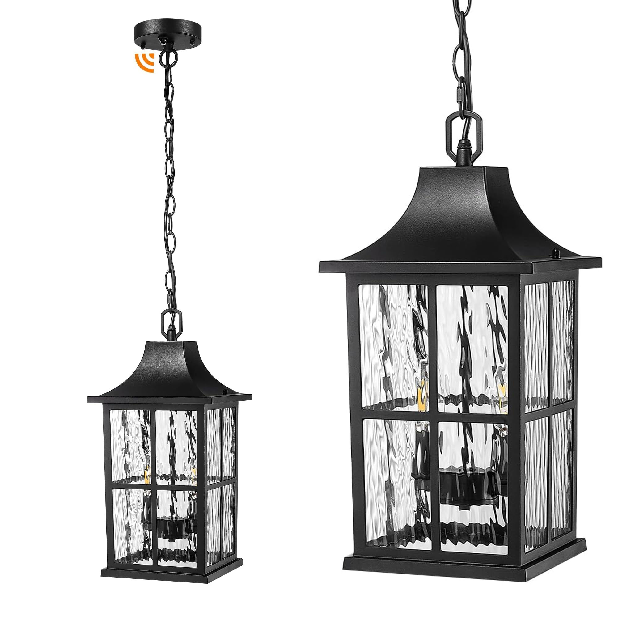 Photo 1 of Emliviar 15.4 Inch Adjustable Exterior Lantern Hanging Light, Dusk to Dawn Sensor Hanging Lantern Light Fixture, Water Ripple Glass, 2 x E12 Bulb Base, YXE306H-M-PC BK-SW