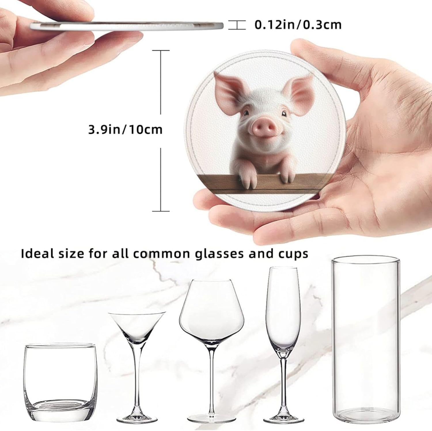 6 Pcs Pig White Leather Coasters for Drinks with Holder Round Mug Mat Table Desk Coasters Set Cup Coasters for Living Room Kitchen Coffee Decor