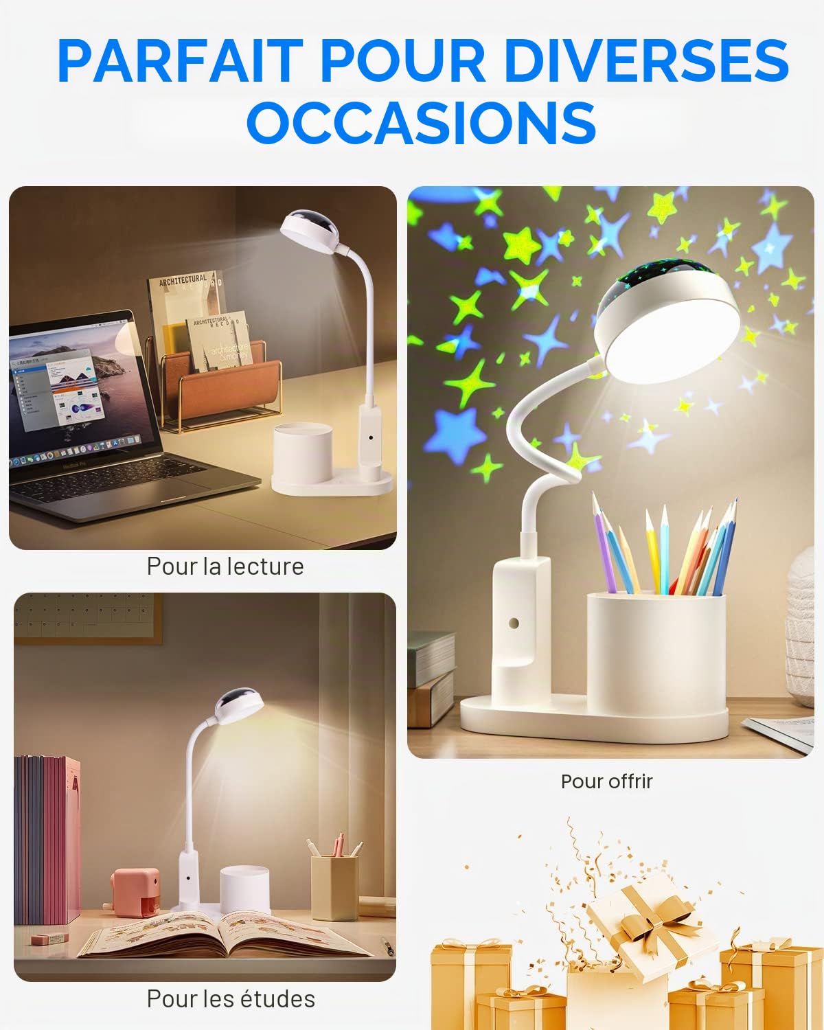 Lampe de Bureau pour Enfants avec Projecteur,Flexible Lampe de Table Sans Fil Dimmable Lampe de Lecture Rechargeable Lampe de Chevet LED Lampe d'étude avec Porte-stylo et Projection d'étoile