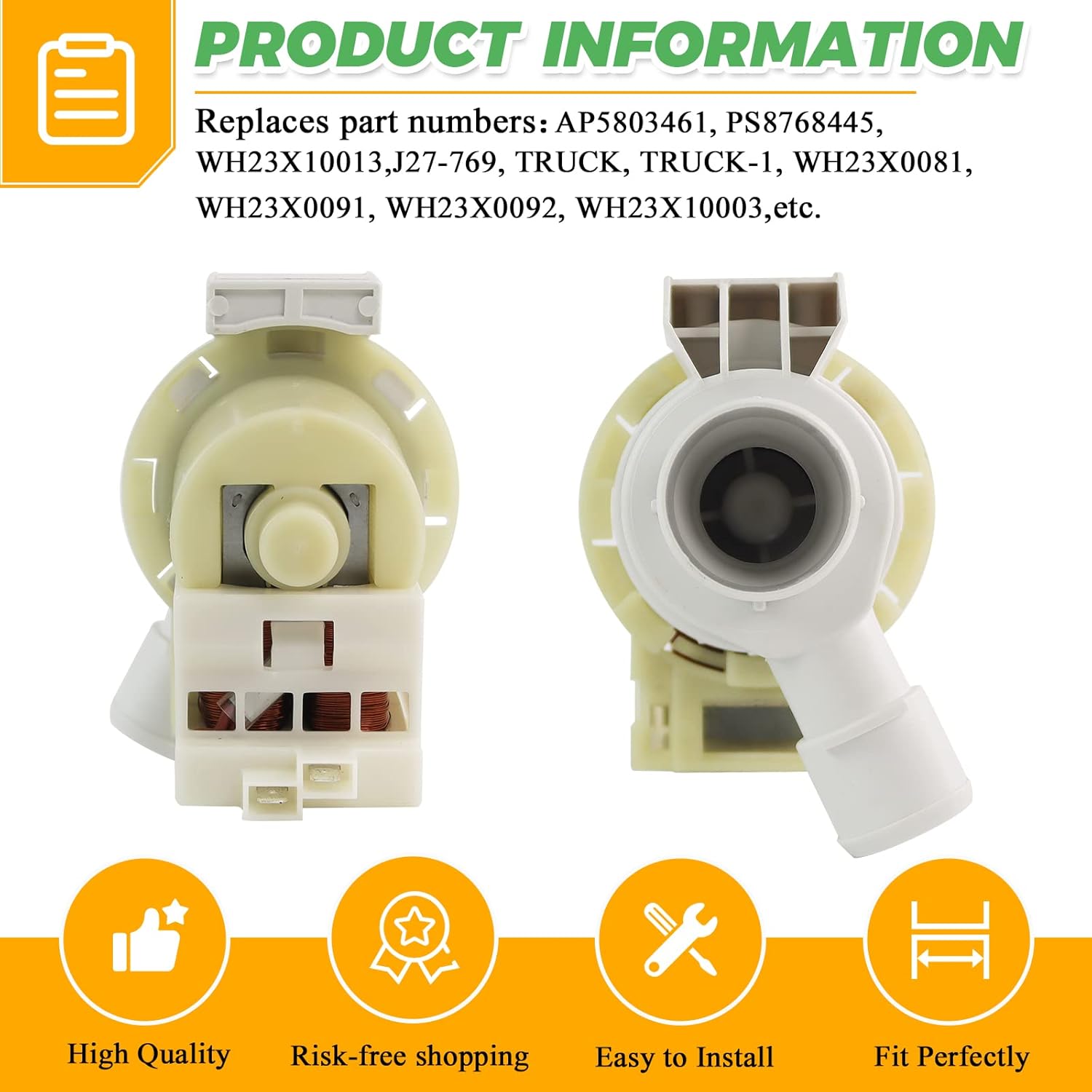 WH23X10030 WH23X10013 Washer Drain Pump by Techecook - Compatible with Hotpoint GE Washing Machine WH23X10013 WH23X0081 WH23X0091 WH23X0092 AP5803461 3015301 PS271333 J27-769 TRUCK TRUCK-1 Drain Pump