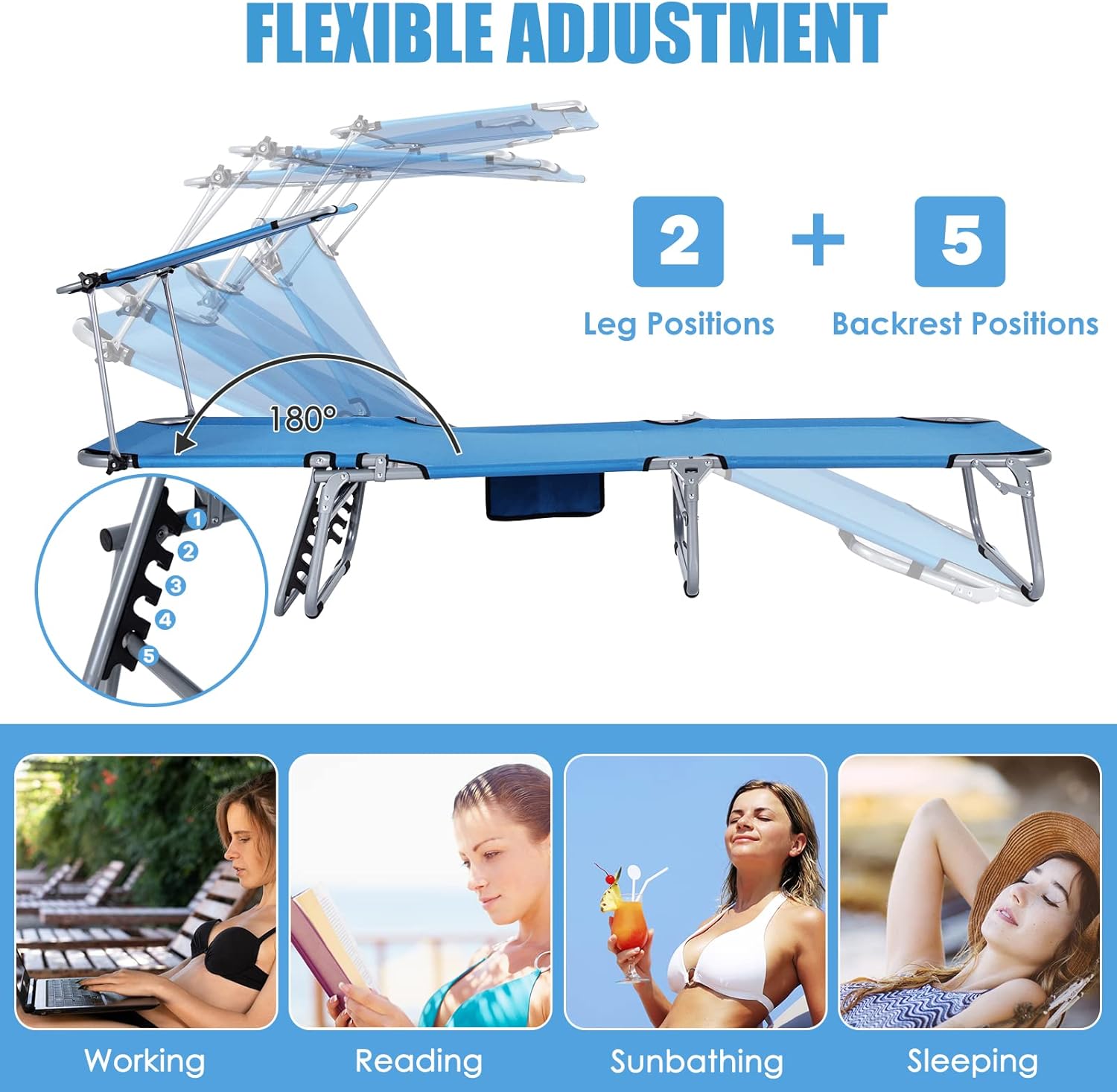GYMAX Tanning Chair, Beach Lounge Chair with Canopy Sunshade, Carry Handle & Pocket, 5 Level Adjustable Layout Chaise Lounge for Outside, Folding Sunbath Chair for Outdoor, Patio, Poolside (1, Blue)