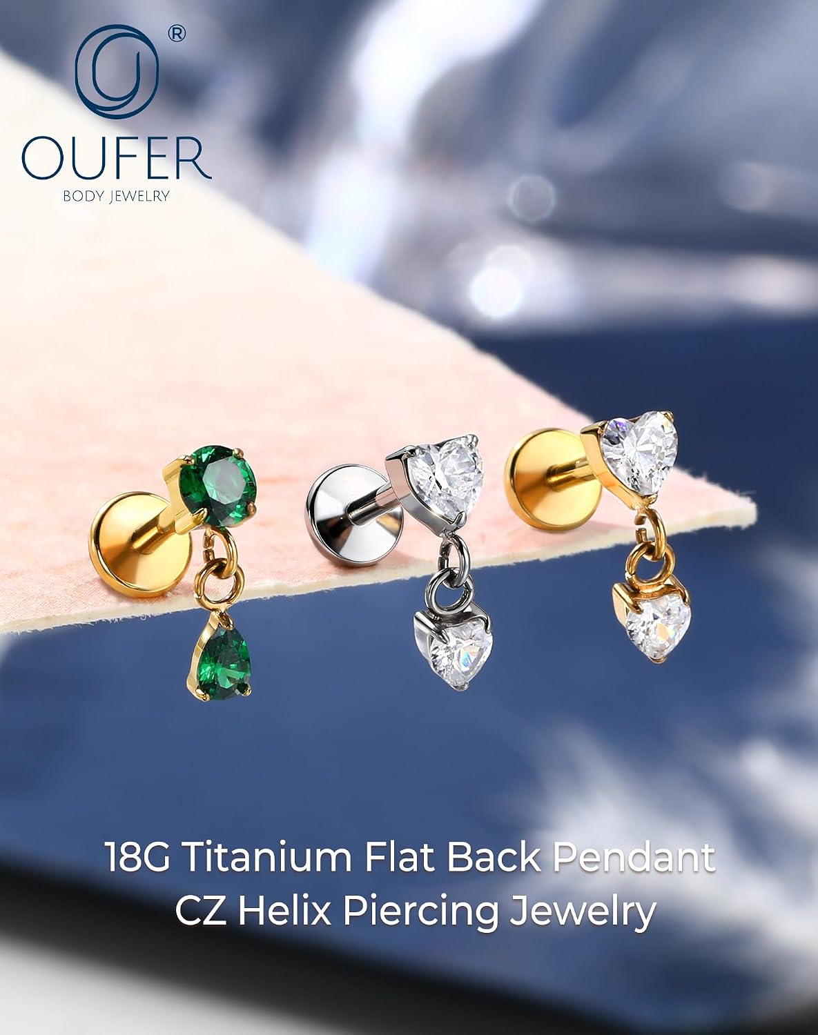 OUFER 18G Flat Back Helix Earrings-G23 Titanium Push Pin Gold Cartilage Piercing Jewelry, Shiny Pendant Clear Emerald CZ Forward Helix Tragus Conch Lobe Medusa Piercing Jewelry