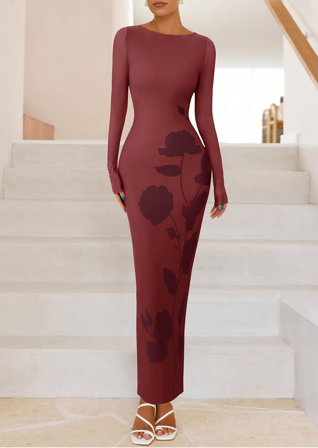 PRETTYGARDEN Bodycon Maxi Dress 2025 Fall Floral Long Sleeve Sexy Mesh Cocktail Wedding Guest Long Dresses - Image 3