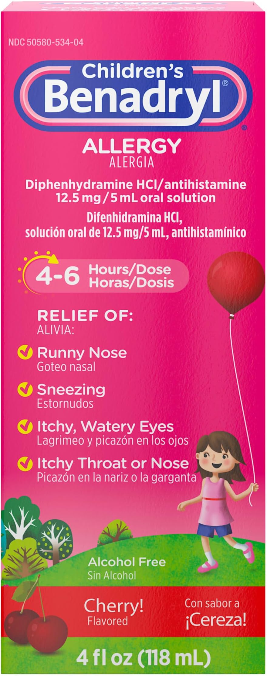 Benadryl Children's Allergy Relief Liquid Medicine with Diphenhydramine HCl, Kids' Allergy Syrup for Allergy Symptoms Like Runny Nose, Itchy Eyes & More, Cherry Flavor, 4 fl. oz