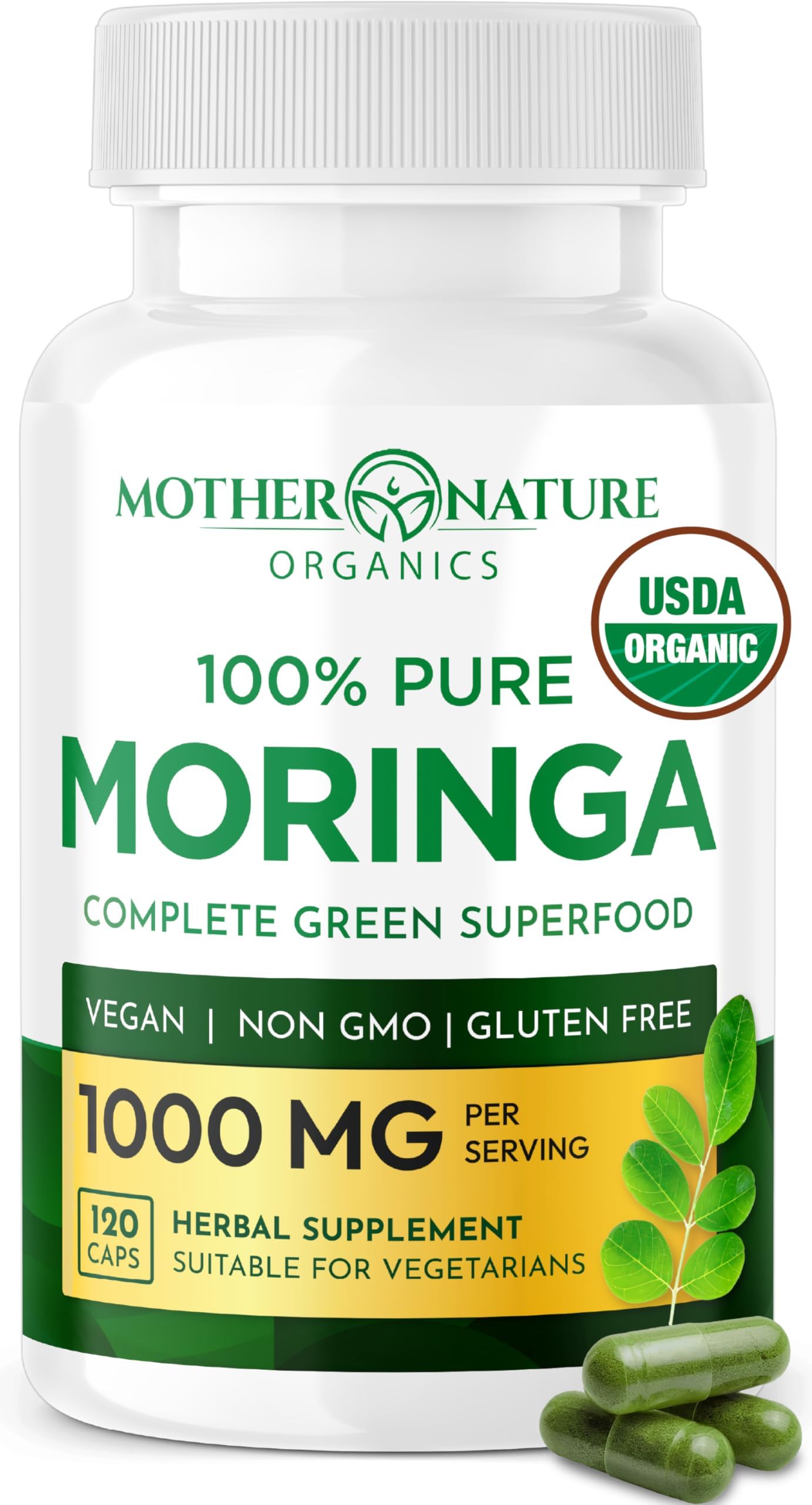 USDA Organic Moringa Capsules – Single-Origin Leaf Powder for Natural Energy, Joint Comfort & Daily Wellness – Vegan, Non-GMO, 120ct – Clean Green Superfood Supplement, No Fillers, 3rd-Party Tested