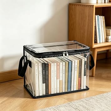 Large Clear Thick Plastic Storage Box with Hinged Lid, Children's Doll Storage Bucket, Heavy-Duty Large Capacity Dust-Proof Organizer Bag, Foldable Storage, For Clothes, Moving, Books (Black*2)