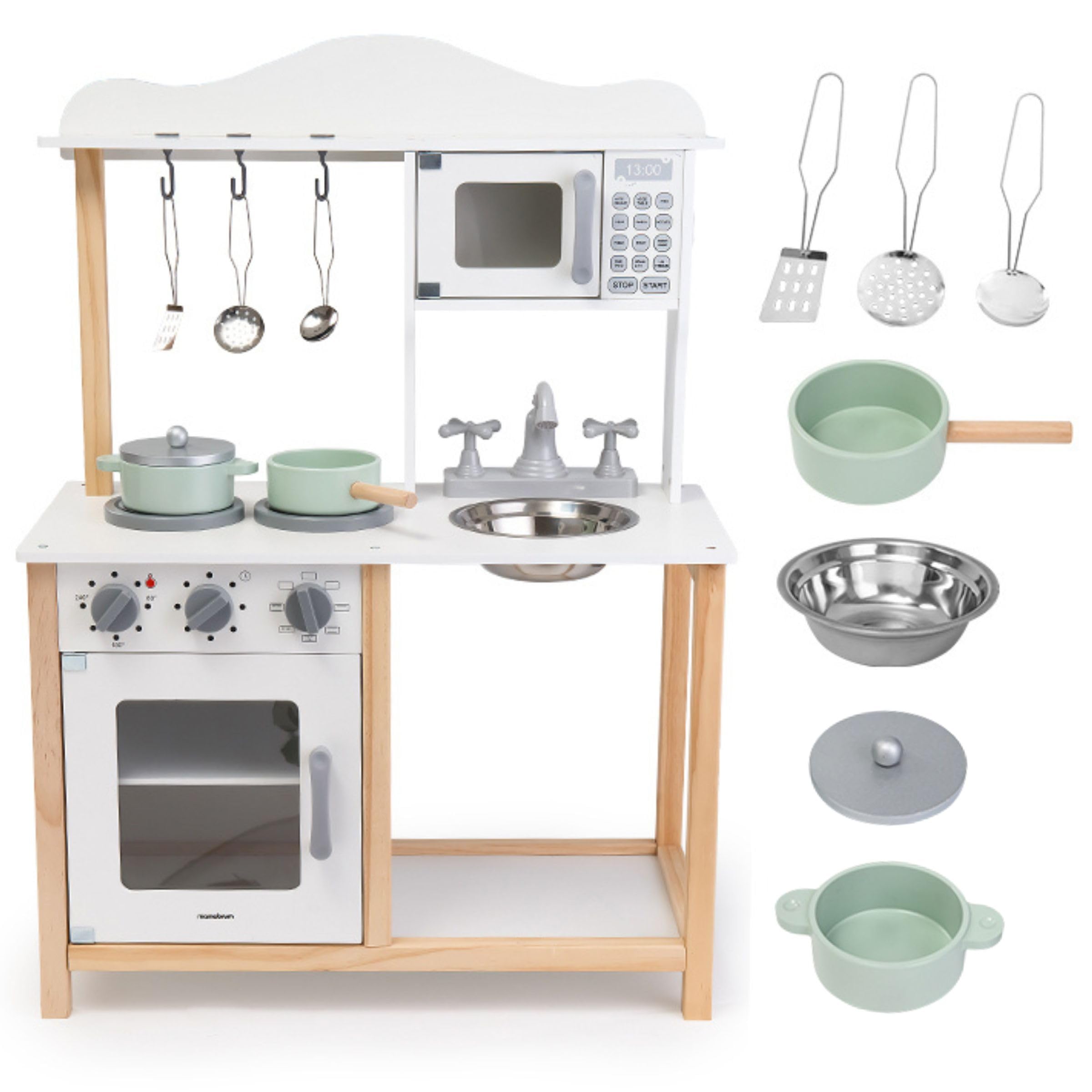 Mamabrum Cocina infantil de madera 3+, juego de juguetes de cocina con microondas, horno, lavabo y placa de cocina, cocina para niñas y niños con muebles, rueda de juguete