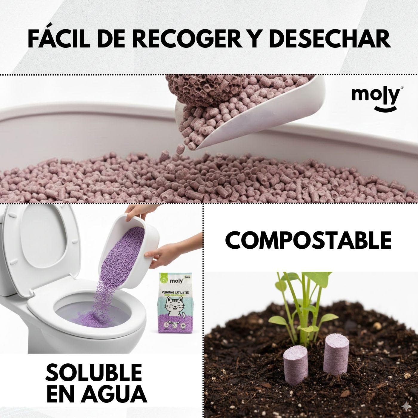 MOLY X6 Litière pour chats tofu et lavande 16,8 kg 22,2 l | Sable biodégradable et agglomérant haute absorption avec arôme de lavande et de talc | Contrôle total des odeurs | Sans poussière | Litière