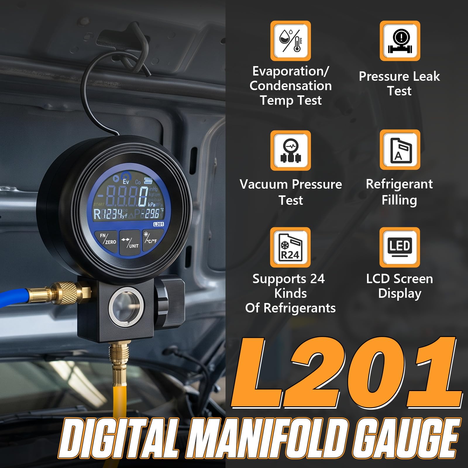 Digitales Manometer für Klimaanlage, misst Druck Vakuum und Lecks, Kältemittelbefüllung, kompatibel mit 24 Kältemittelarten R32 R1234yf R134a, ±0,5% FS Genauigkeit, digitales Vakuummessgerät