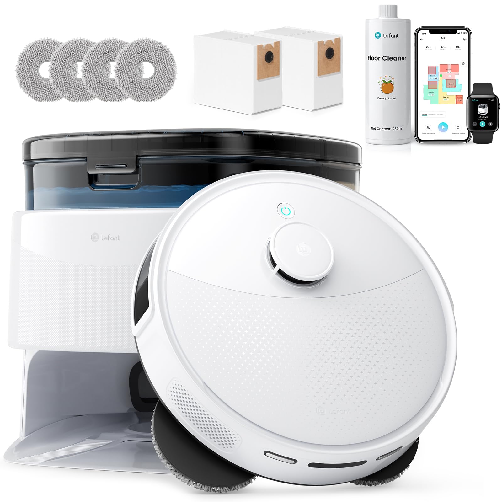 LEFANT M3 Gen2 Saugroboter mit Wischfunktion, 12000 Pa Saugleistung, Automatische Staubentleerung, LiDAR Navigation, Teppicherkennung, Freemove 3.0 App & Sprachsteuerung, 8 Wochen Hands-Free Reinigung