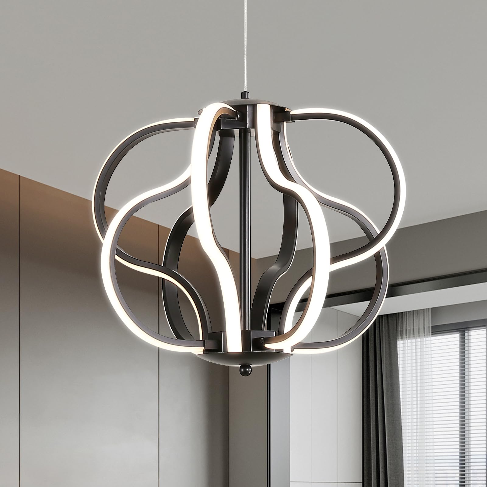 LED Lampara Techo Colgante Moderno, Negro Lampara Colgante Con Control Remoto Regulable Art Lampara Colgante Techo LíNea 40W 8 Luces Lamparas Techo Colgantes Para Cocina,Dormitorio,Salon,Pasillo