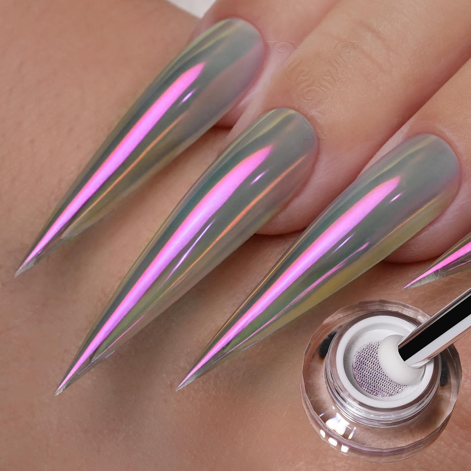 YOKEFELLOW GleamTap Cushion Aurora Chrome Nagellackpulver – Meerjungfrau-Aurora-Effekt, Glitzer-Dekoration für die Nagelkunst (GT112 Golden Hour/Violettblau mit hellorangefarbenem Schimmer)