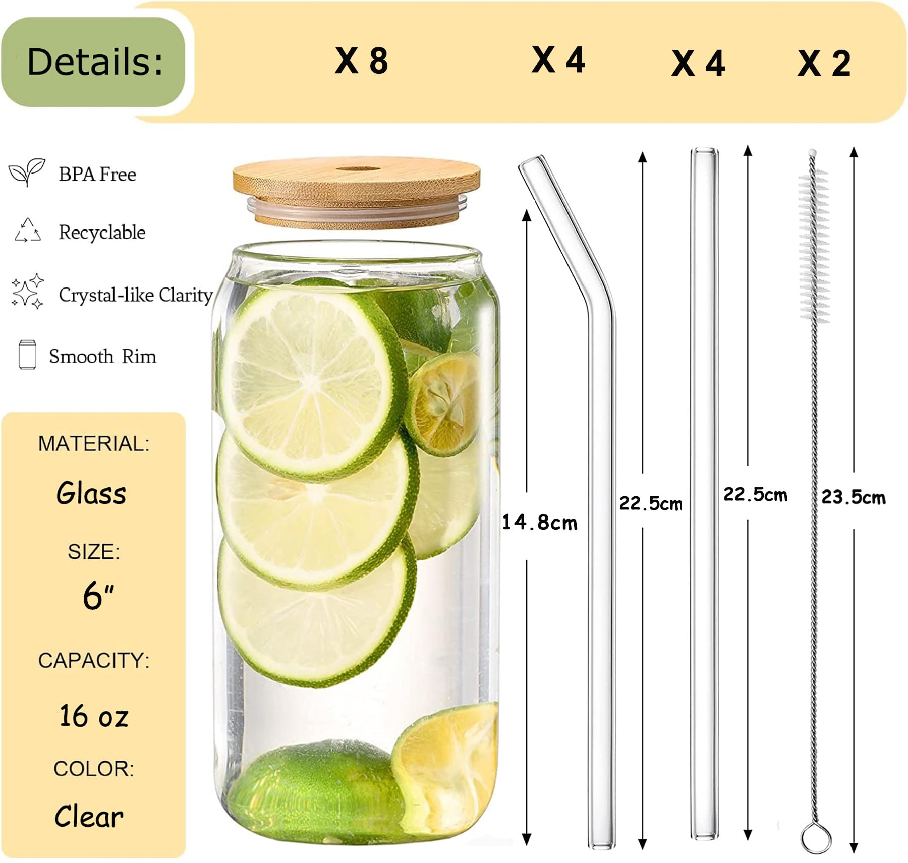 Trinkglas mit Strohhalm und Deckel,Eiskaffee Gläser 500ml | 8er Trinkgläser mit Deckel,Matcha Gläser,Glasbecher mit Deckel und Strohhalm ideal für Smoothie,Latte,Macchiato,Whiskey