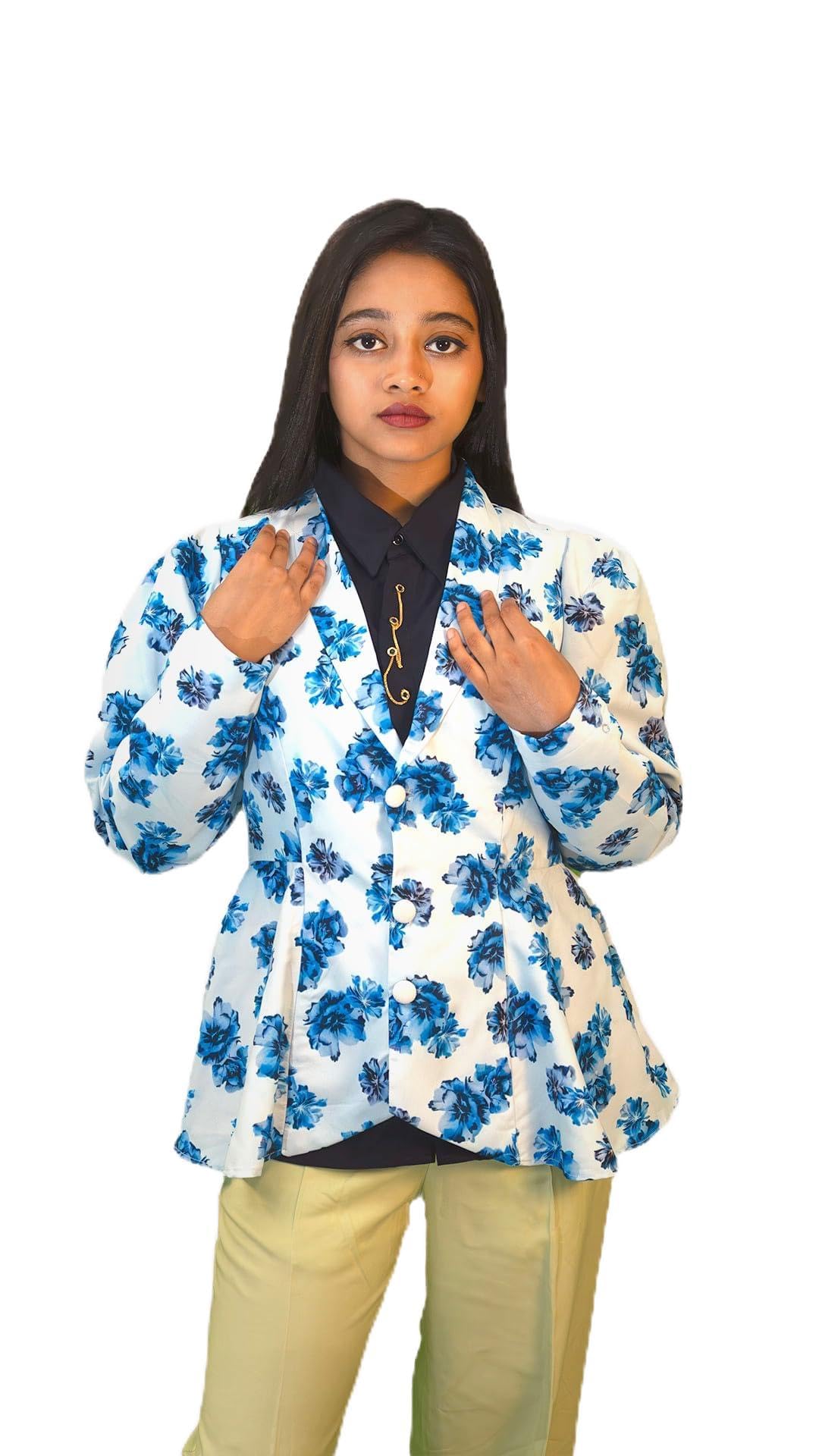 alasmin style you can Women's Blue Floral Print Blazer, White Base, Button Front, Long Sleeve, Peplum Style-picture-43