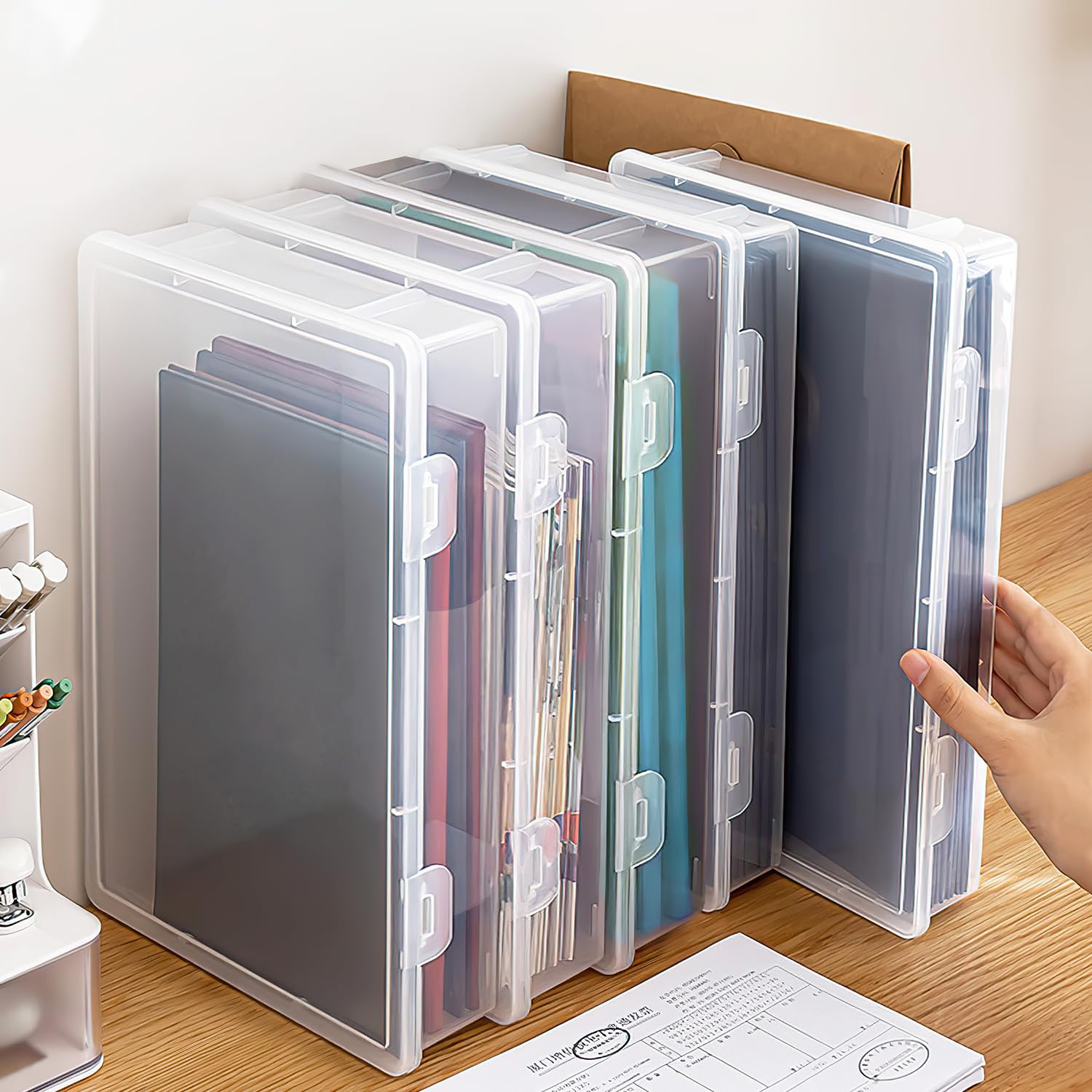 ENUTROF Pudełka na pliki przezroczyste 32 x 22,5 x 5 cm 4szt. Prostokątne pudełka plastikowe z klapką do przechowywania książek, papieru do scrapbookingu, czasopism