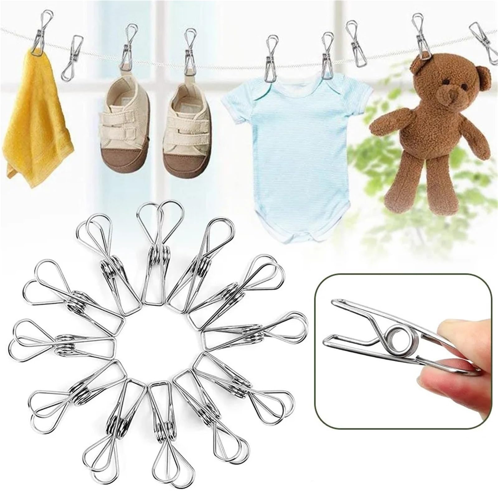 100 Pz 6 cm Mollette da bucato in acciaio inossidabile Clip di tenuta Stoccaggio in metallo Organizzatore cucina Strumento Pin stoffa Supporti for clip Per Vestiti