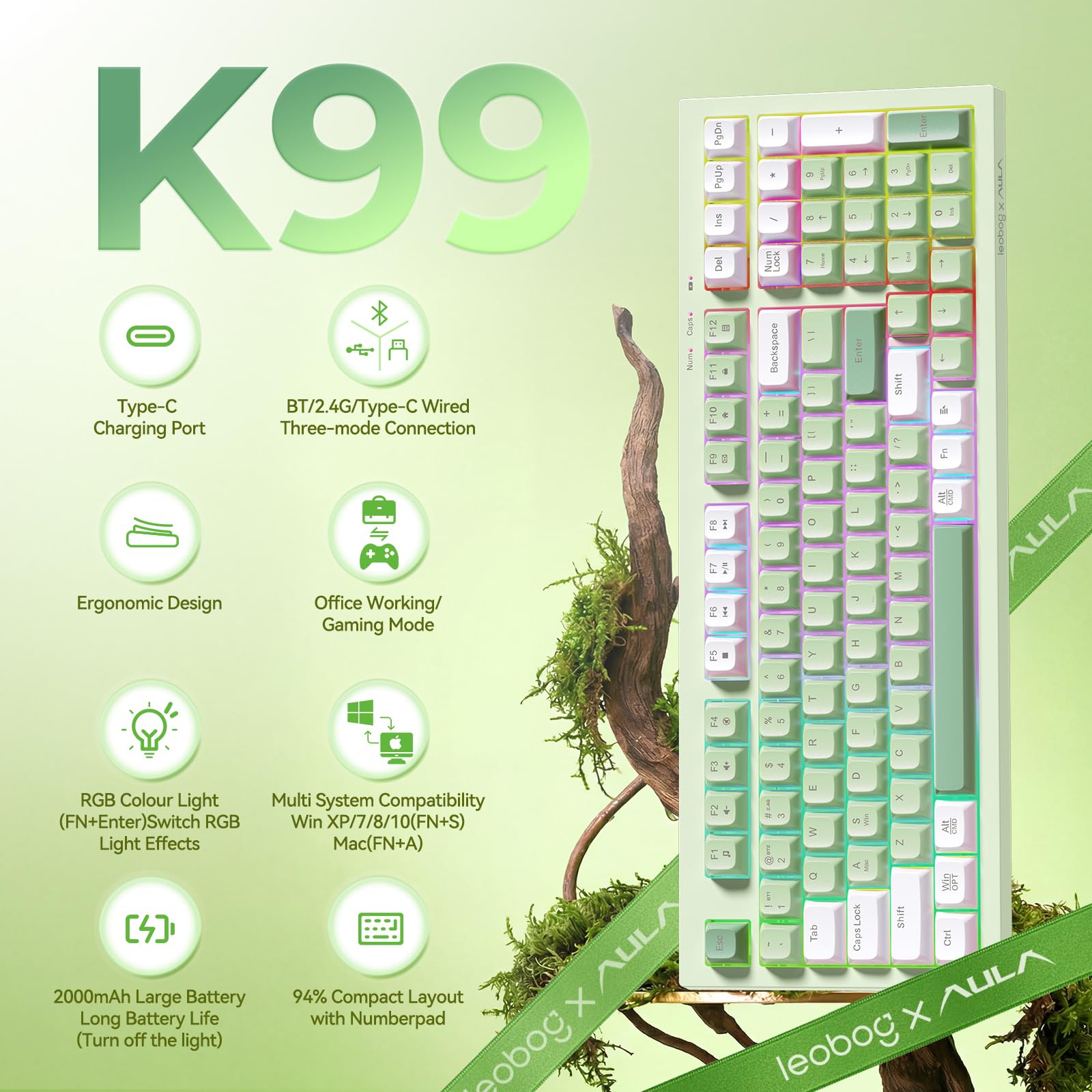 LEOBOG Aula - Tastiera da gioco wireless, color crema, tastiera Bluetooth per computer, sensazione meccanica, full size, con tastierino numerico retroilluminato RGB Tri-Mode BT/2,4 GHz/USB-C, verde
