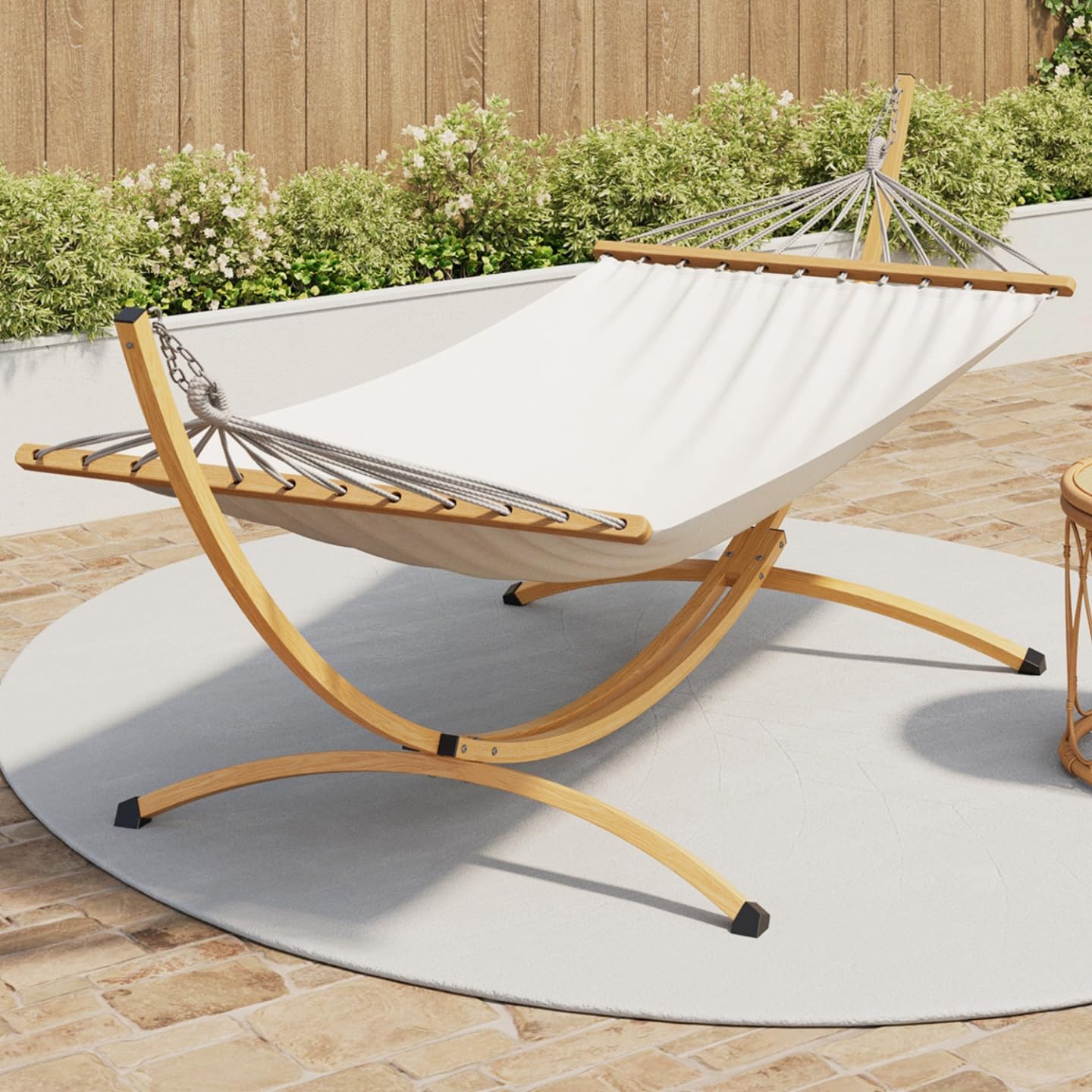 IDMarket - Hamaca XL con soporte de metal efecto madera y tela cruda