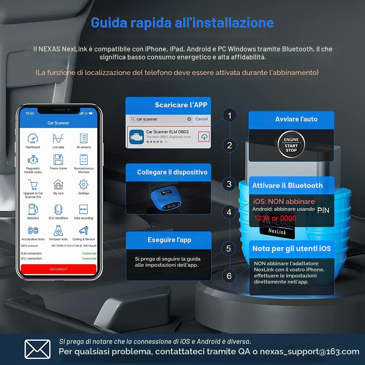 AUTOPHIX NexLink Bluetooth 5.0 OBDII Scanner per iPhone e Android e Windows, Lettore di Codici diagnostici, Strumento di analisi Auto per Veicoli Dopo Il 1996 e Soprattutto per Le Moto