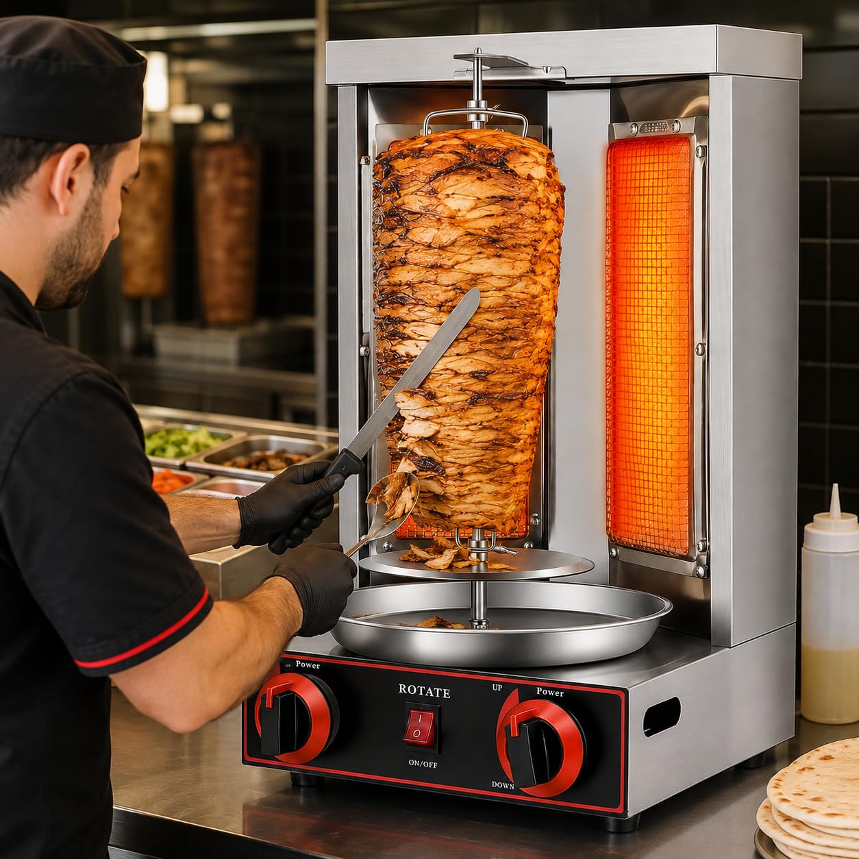 Maszyna do grillowania Shawarma – 2-palnikowa pionowa kuchenka rożnowa do doskonale ugotowanych mięs i warzyw, idealna do restauracji i gotowania w domu