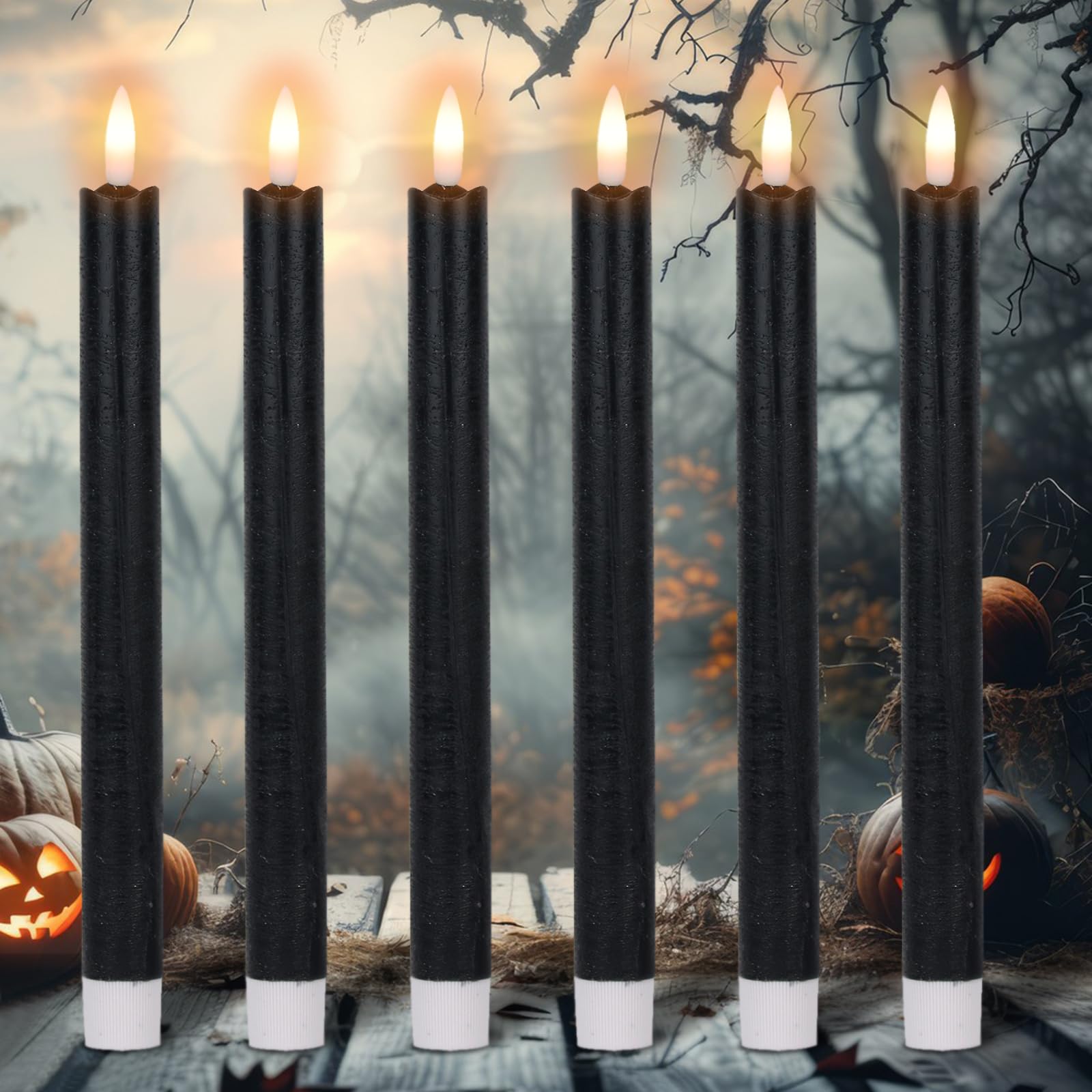 Halloween Flameless Taper Candles with 6 Hour Timer, Battery Operated Black LED Taper Candles Real Wax 3D Wick Flickering Halloween Dinner Table Decor Lights(6 Pack, 0.78” x 9.64”) | 3D Wick Flickering Light, Real Wax 400 Hours Long Lasting, Dinner Halloween Indoor Decoration, 0.78"D x 9.64"H, 6 Pack