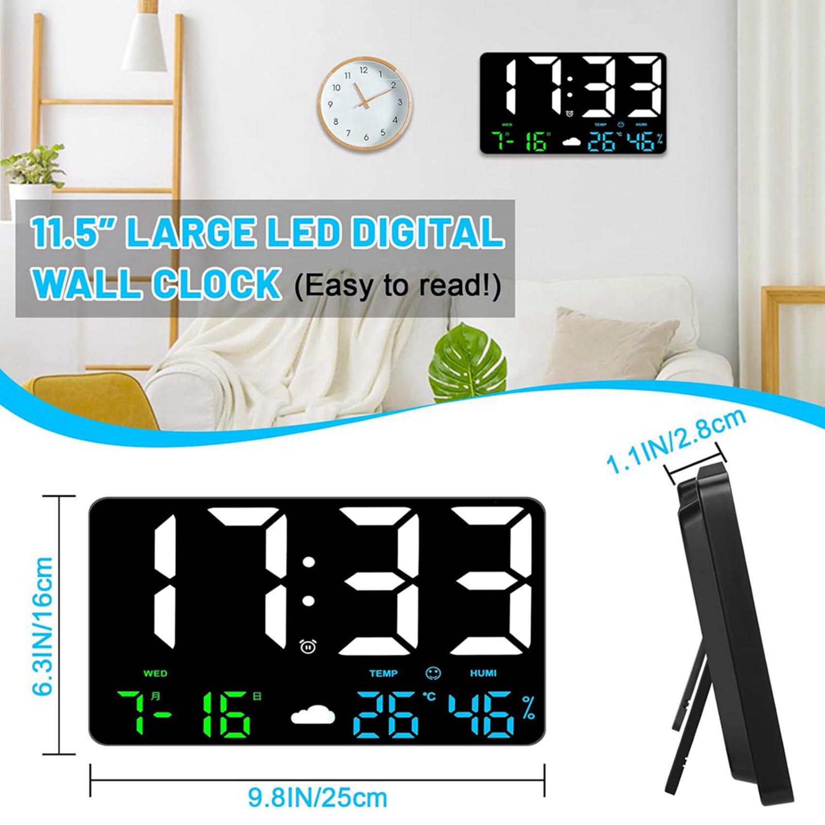 2 x cyfrowy zegar ścienny z dużym wyświetlaczem, 25 cm USB LED cyfrowe zegary ścienne, budzik do sypialni ze stacją pogodową