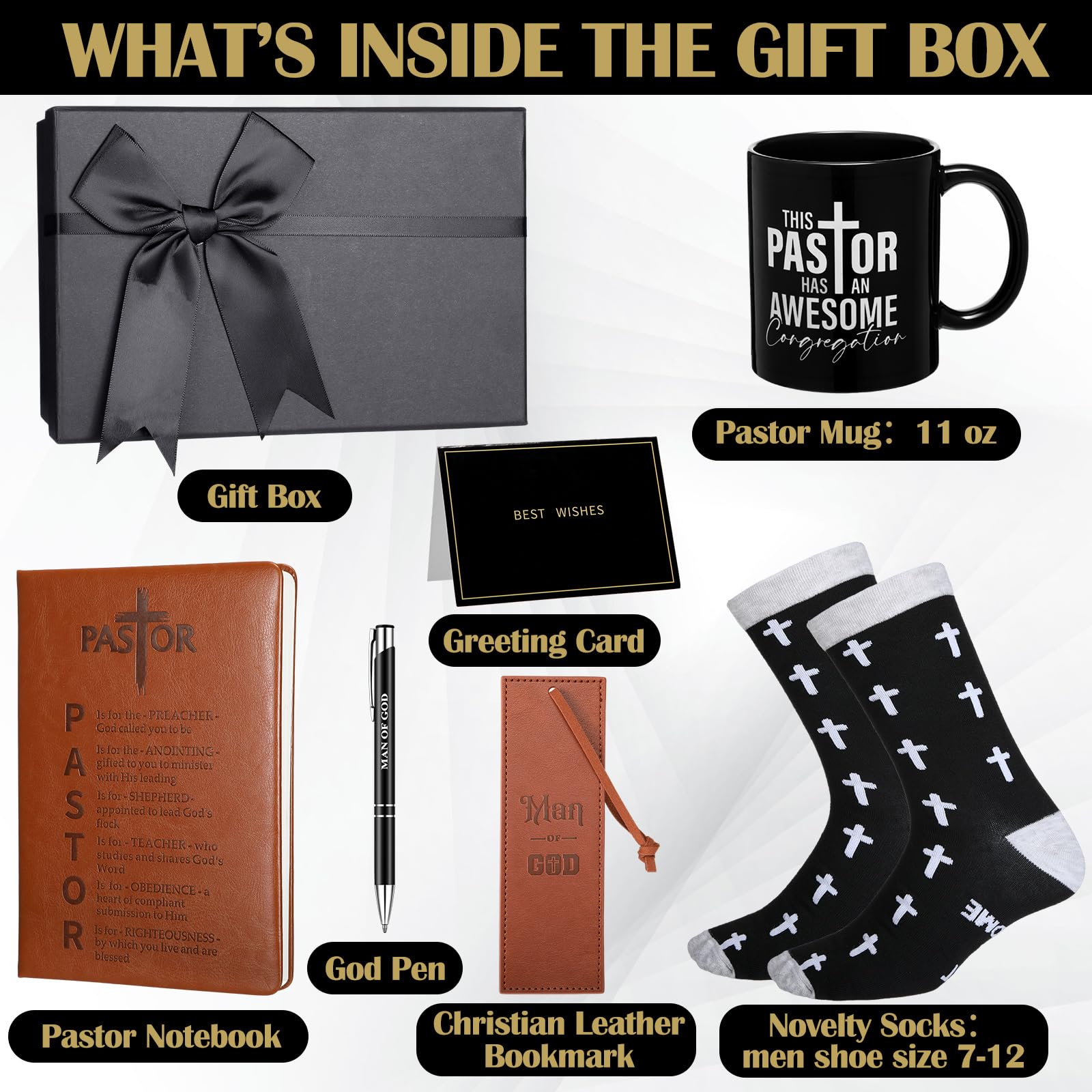 7 Pcs Pastor Appreciation Gift for Men Christian Pastor Gift Includes Leather Journal Man of God Bookmark Pen 11 oz Coffee Mug Cross Crew Socks Box for Birthday Fathers Day(Brown and Black)