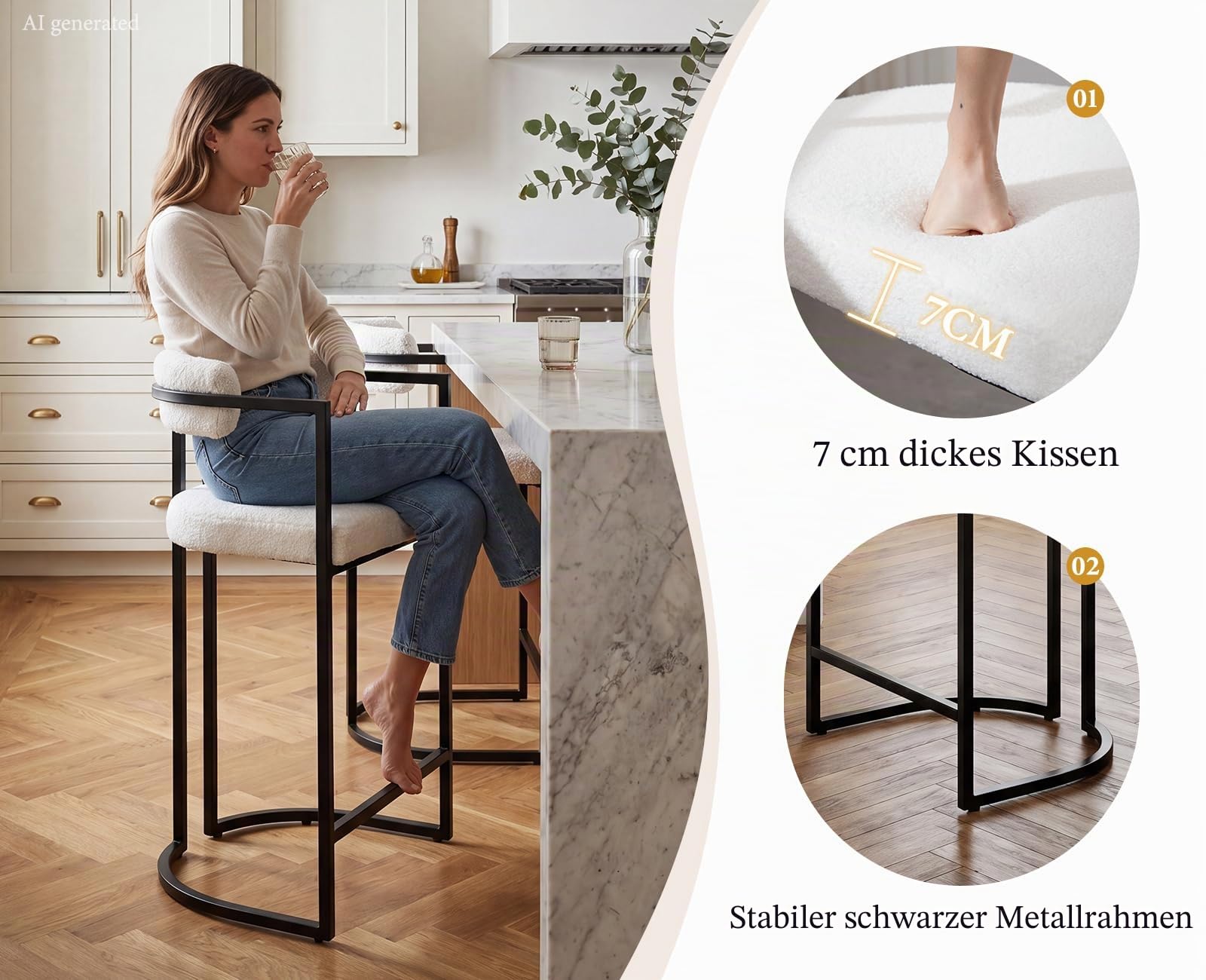 chairus Barhocker 2er Set mit Lehne Kunstfell bar Stool Tresenhocker Weiß | Modern Küchenhocker Frühstück, Barstuhl Gepolstert mit Metallbeinen, Bistrohocker für Esszimmer Bistro Küche Hausbar