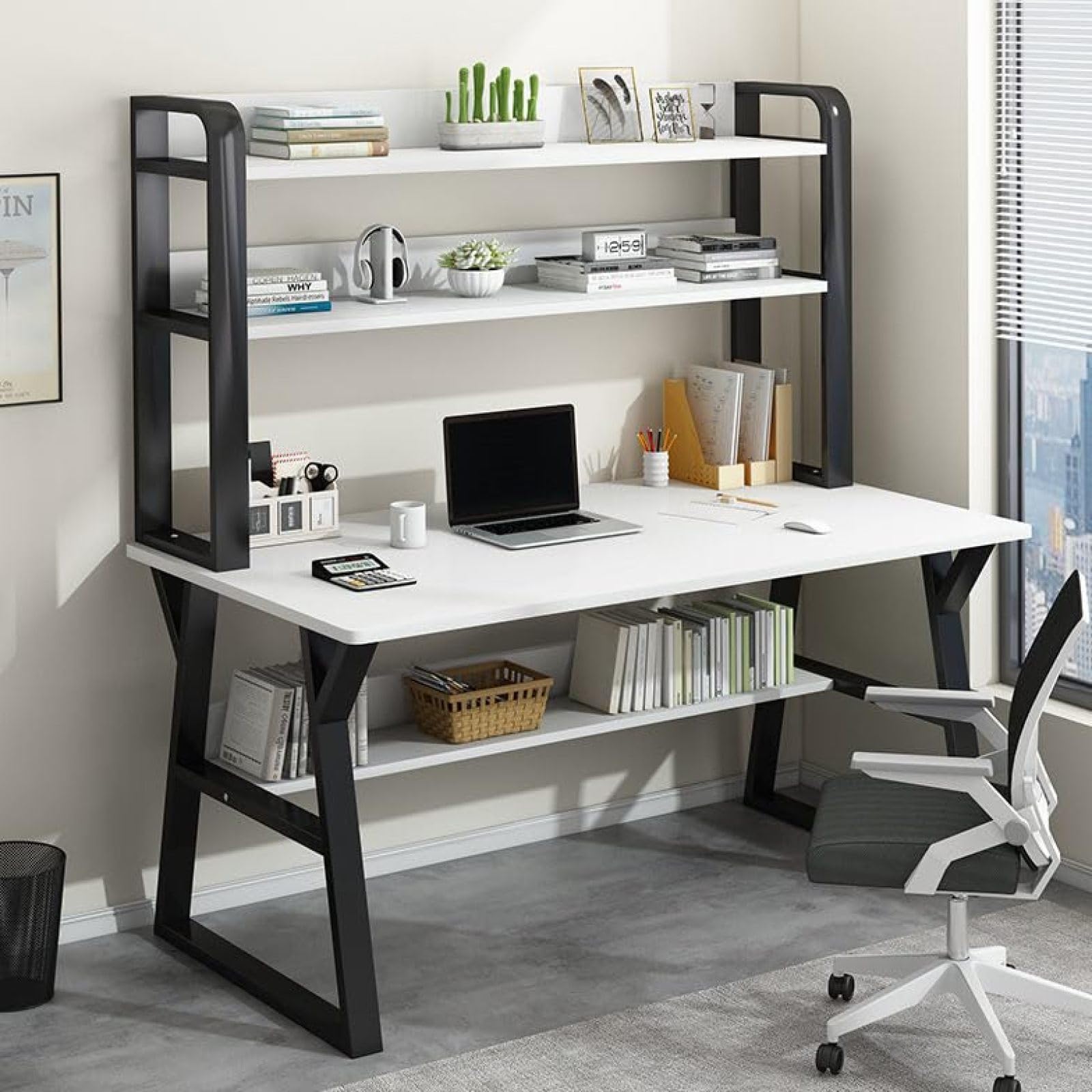 Wdsopk Black & White Modern Computer Desk With Hutch & Bookshelf Home Office Workstation Writing Desk Study Table For Efficient Work And Storage Space Saving Design（-120Cm）