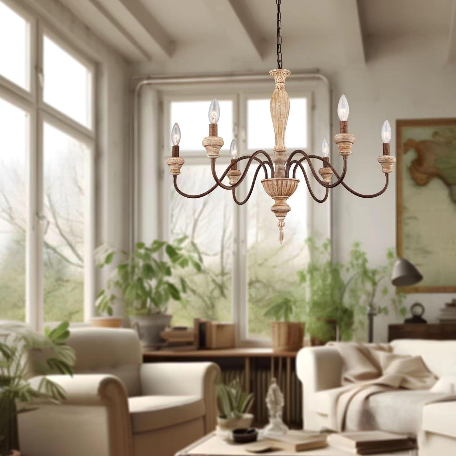 French Country Chandelier, Farmhouse 6-Lights Vintage Rustic Candle Style Chandelier Light Fixture, Retro Handmade Distressed Wood Chandelier for Dining Room, Living Room, Bedroom, E12