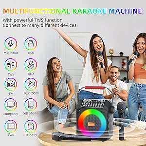 Karaoke Machine with 2 Wireless Microphones for Adults Kids, Portable Bluetooth Speaker Power Amplifier PA System with Led Lights, Support TWS/FM/USB/AUX for Home Party Picnic Square Dance