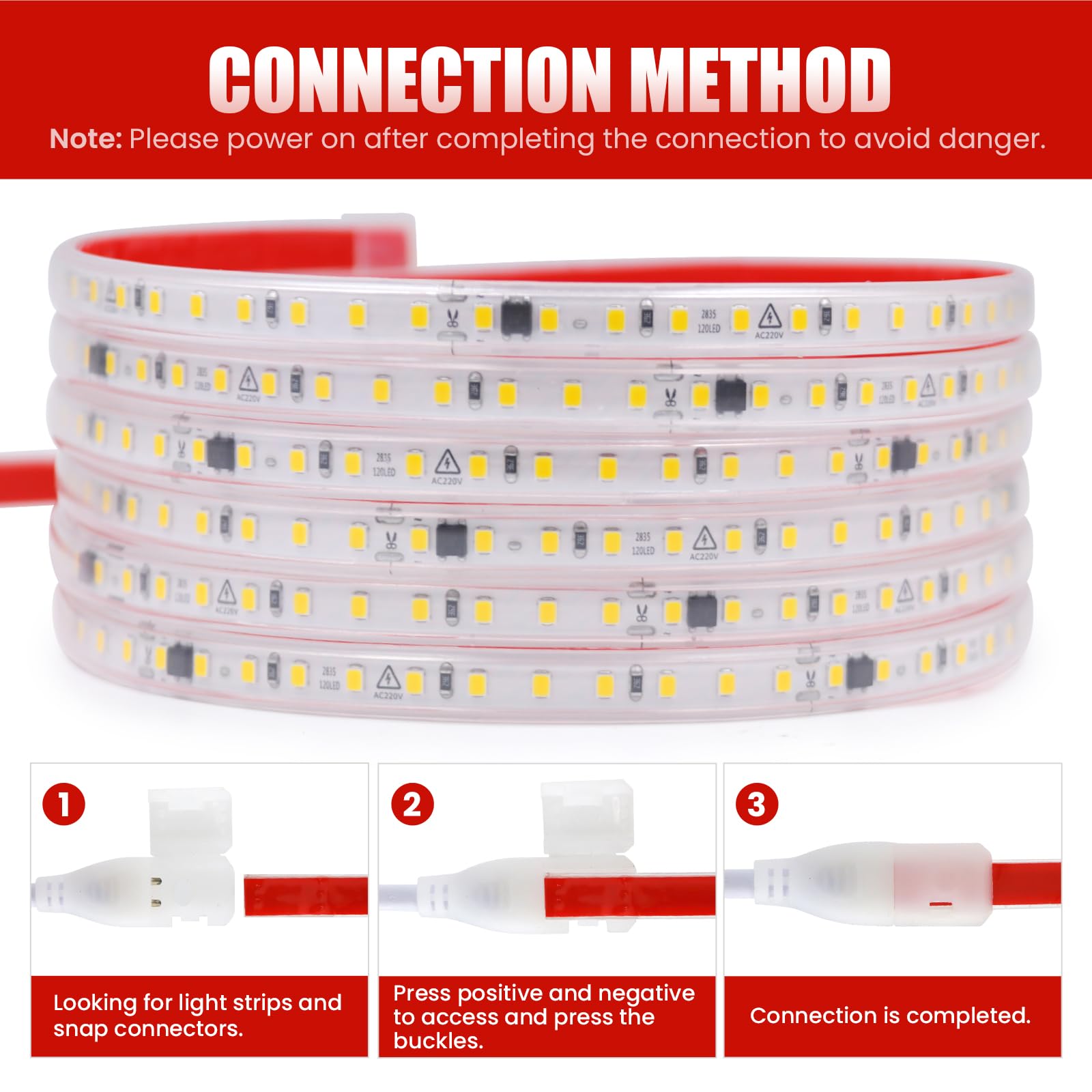 220V Tira LED con On/Off [50m,Amarillo],IP65 Estanco Flexible,Tira de Luz LED Recortable CRI85+,Iluminación decorativa hogar/tienda