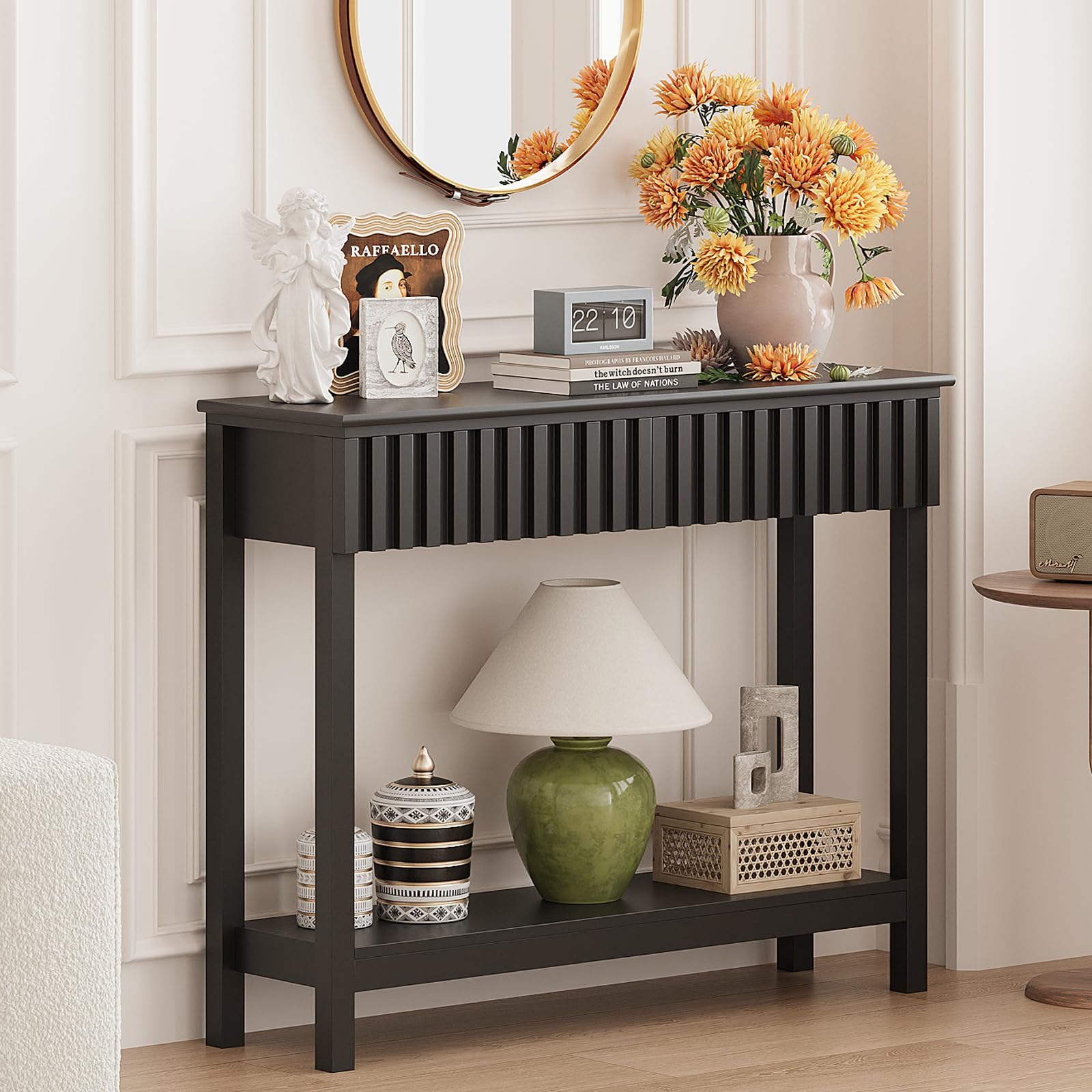 Trironsun Tavolo consolle sottile con 2 cassetti e ripiano, moderno tavolo in legno per corridoio, soggiorno o dietro il divano (nero, 2 cassetti)
