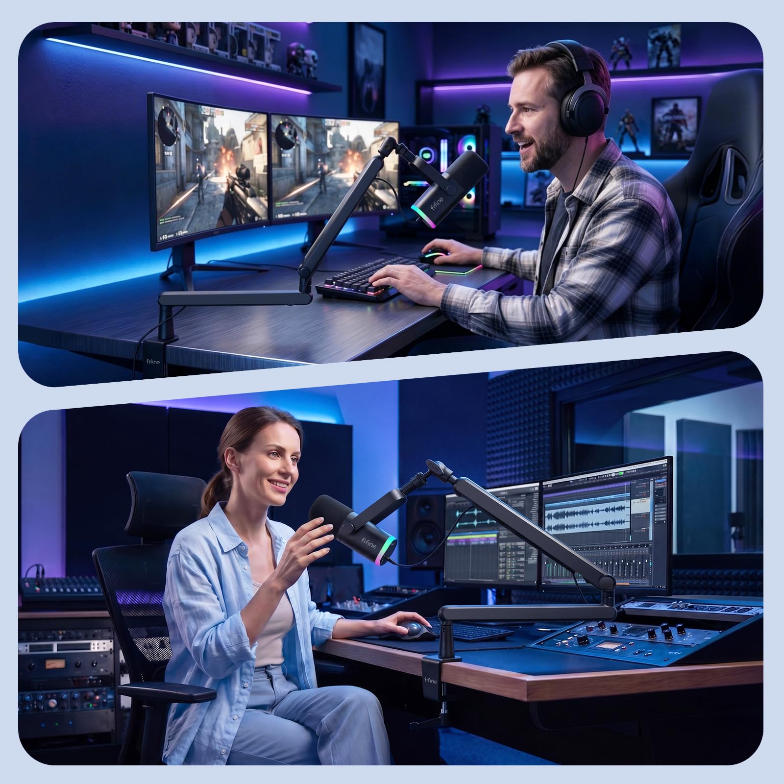 FIFINE Bras de Micro, Suspension Supports de Microphone, pour K658 AM8 K688 A8 etc., avec Pince de Montage sur Bureau, Adaptateur à Vis, Gestion des Câbles, pour Podcast, Streaming, Studio, Gaming