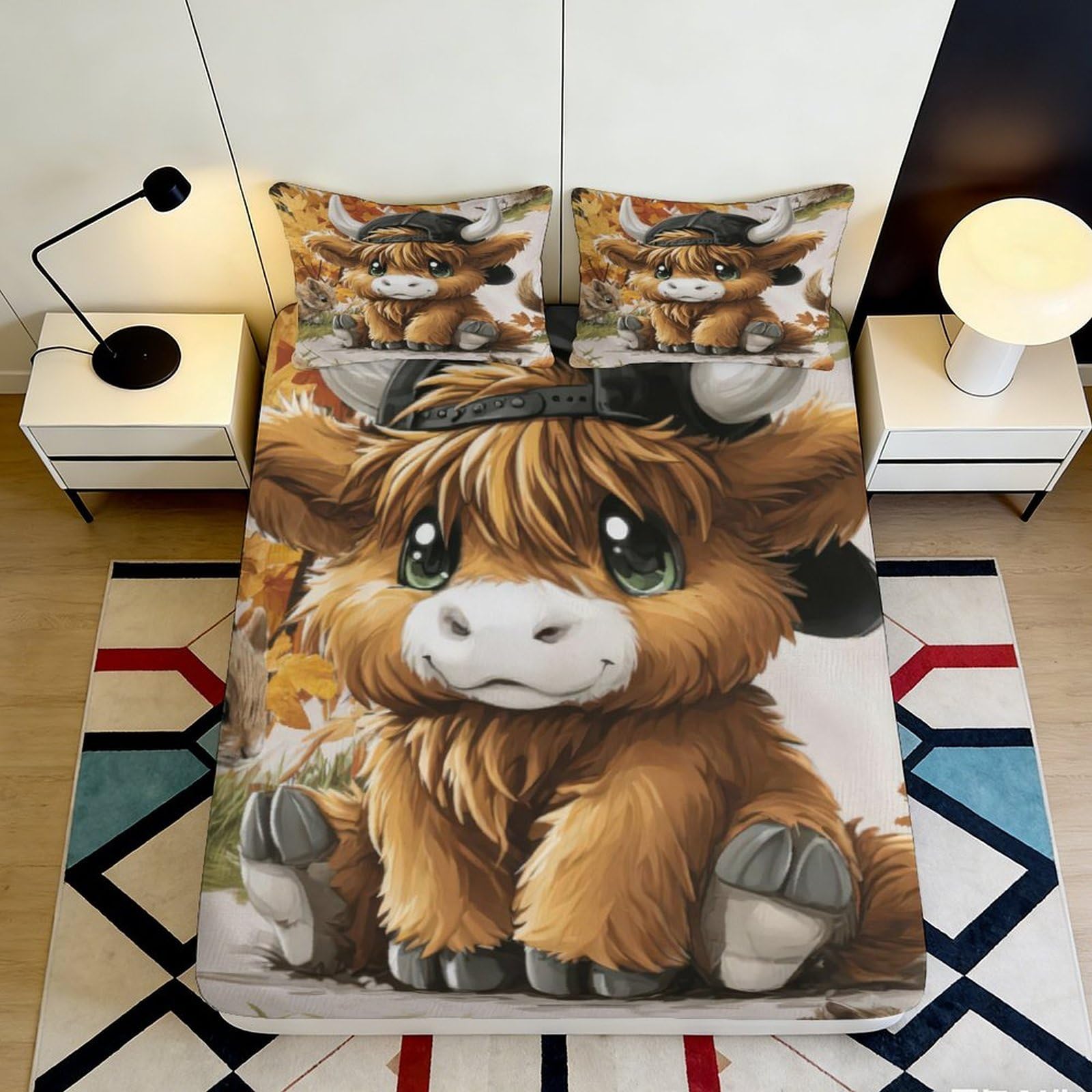 3D Printed Cute Highland Cow Fitted Sheet Microfiber Soft Breathable Autumn Cartoon Bed Cover for Bedroom Dorm Decor 120x200x25cm