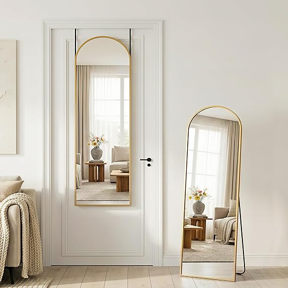 Antok Full Length Over-the-Door Hanging Mirror - Freestanding Wall Mount Leaning Body Mirror for Bedroom Living Room Entryway, 48 L x 14 W, Gold