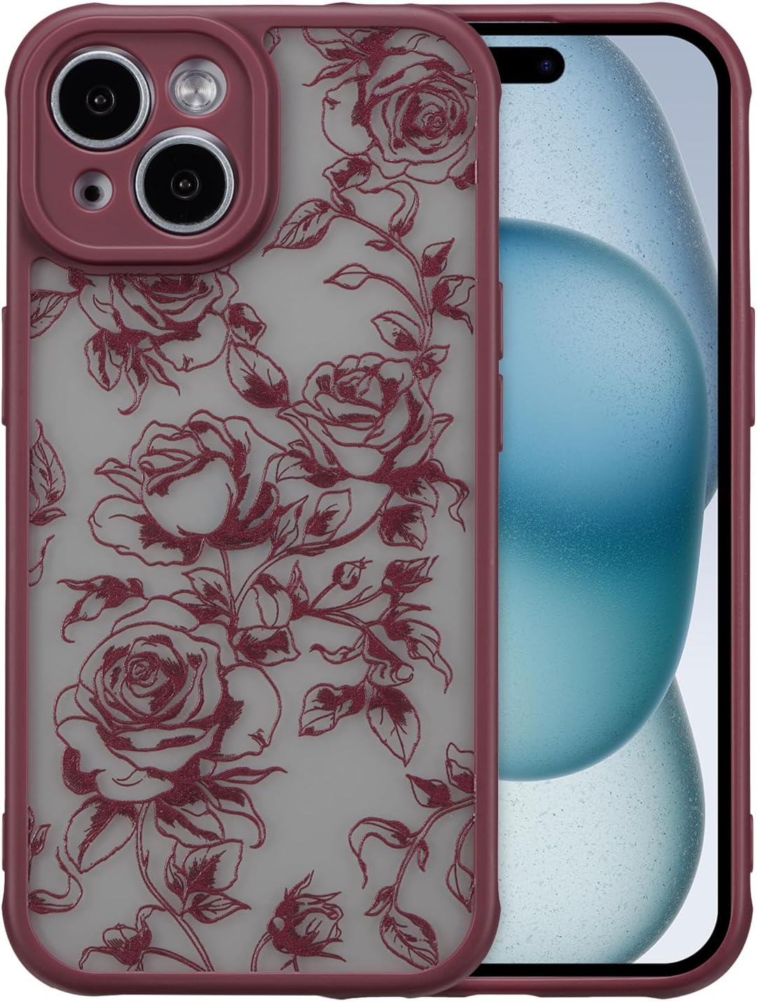 XIZYO for iPhone 15 Case, Floral Flower Cute Aesthetic Case for Women Girls Rose Pattern Slim TPU Bumper Shockproof Protective Cover for iPhone 15 6.1 Inch, Branch Rose/Wine Red
