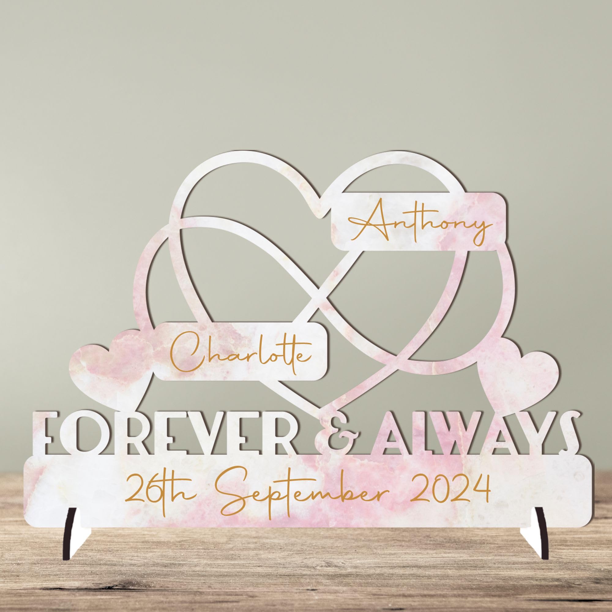 Personalised Forever & Always Infinity Heart Sign Wedding Anniversary Sign - Customised with Couple's Names and Marriage Date - Gift for Him, Her, and Couples - 20cm x 13cm (Pink Marble Effect)