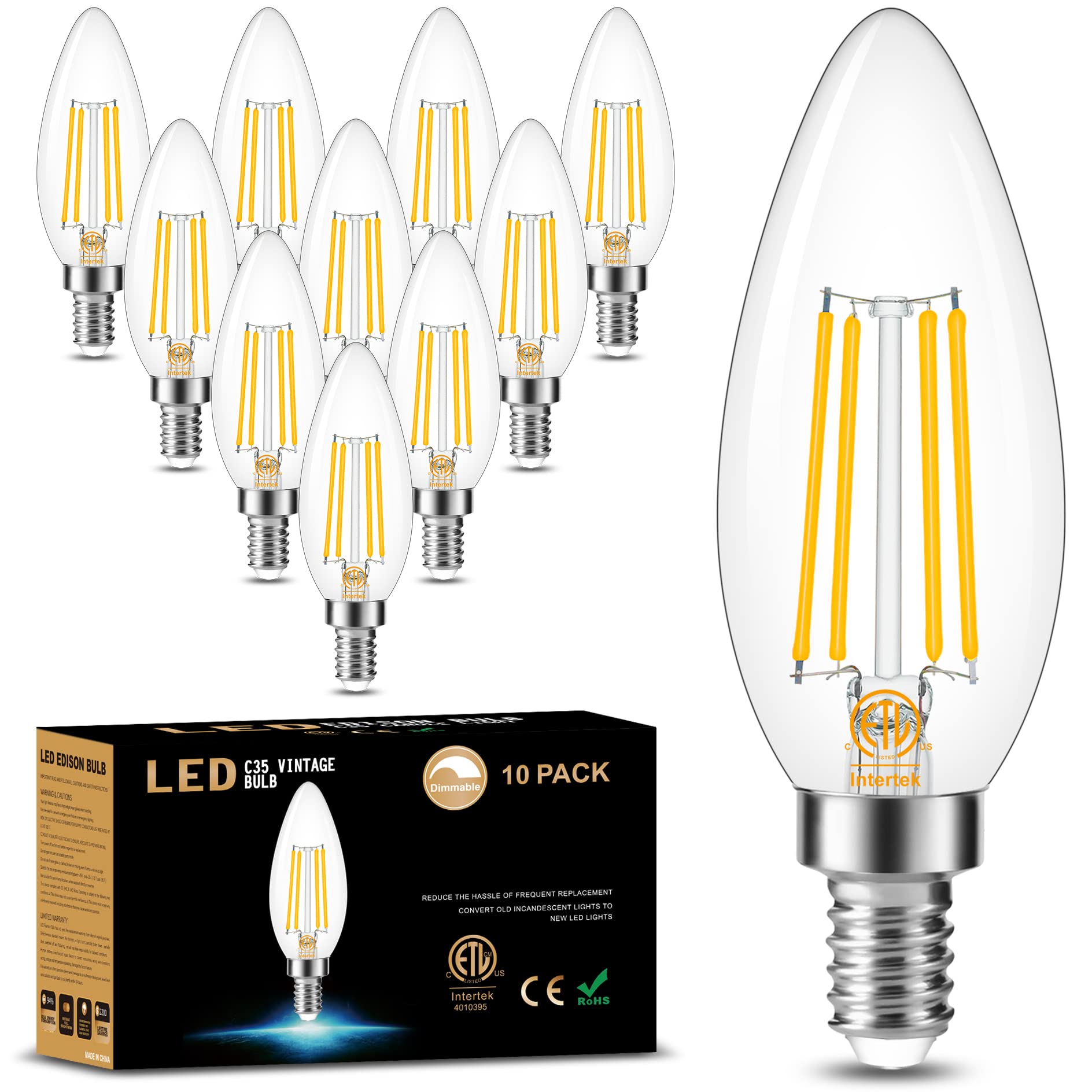 Cotanic E12 LED Bulb Dimmable 3000K Soft White, LED Candelabra Bulbs 60Watt Equivalent, Small Base Type B Light Bulbs, Candle Shape Chandelier Light Bulbs Clear Glass, 600LM, 10 Pack